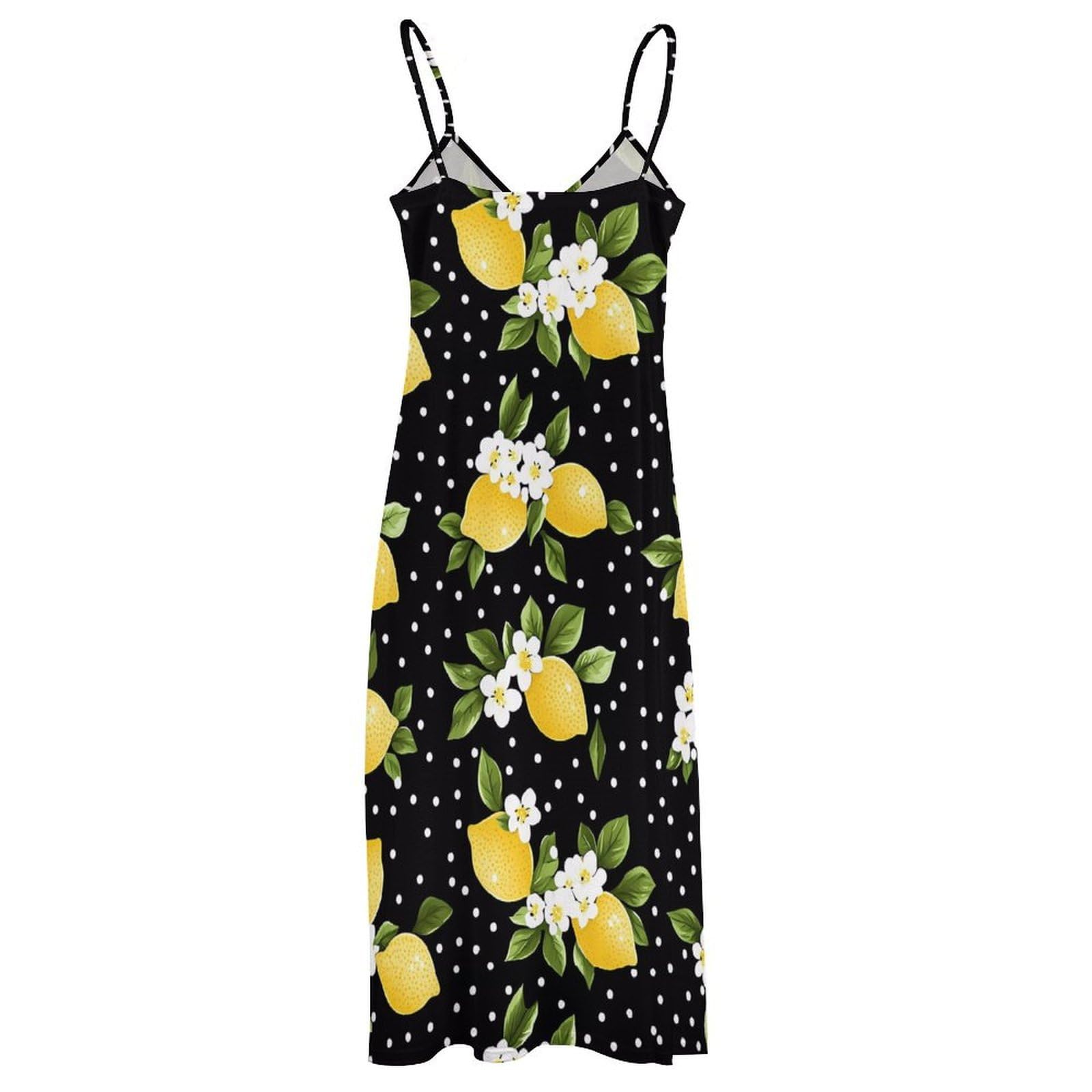 Vestido casual de verano con estampado de lunares y flores de limón para mujer, vestido largo de espagueti ajustable, largo hasta el tobillo con volantes