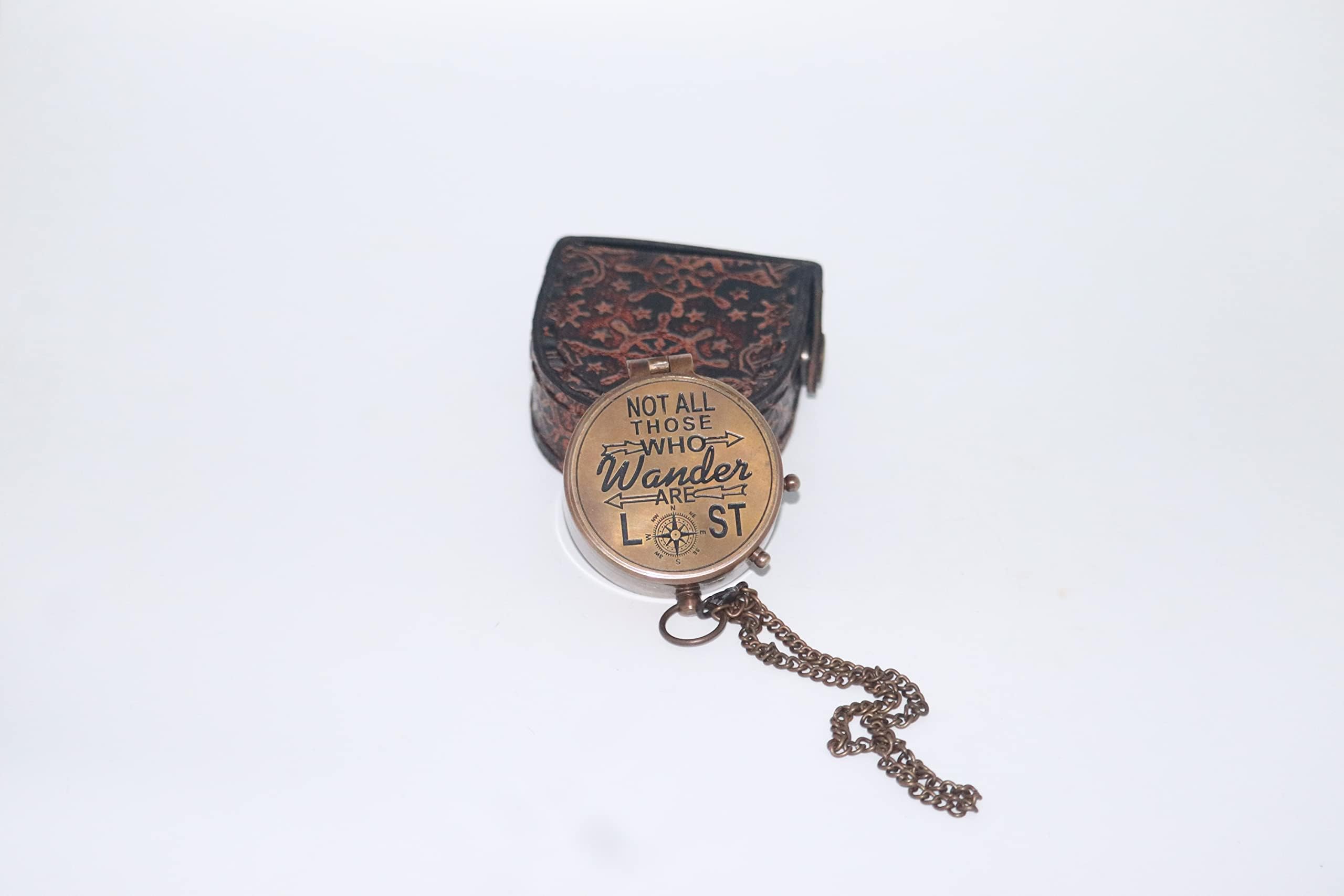 M/S American Enterprises Brass Pocket Compass, Motivational Quote Not All Those Who Wander are Lost Engraved Compass w Leather Case, Baptism Gifts for Son, Husband, C-01WLOST