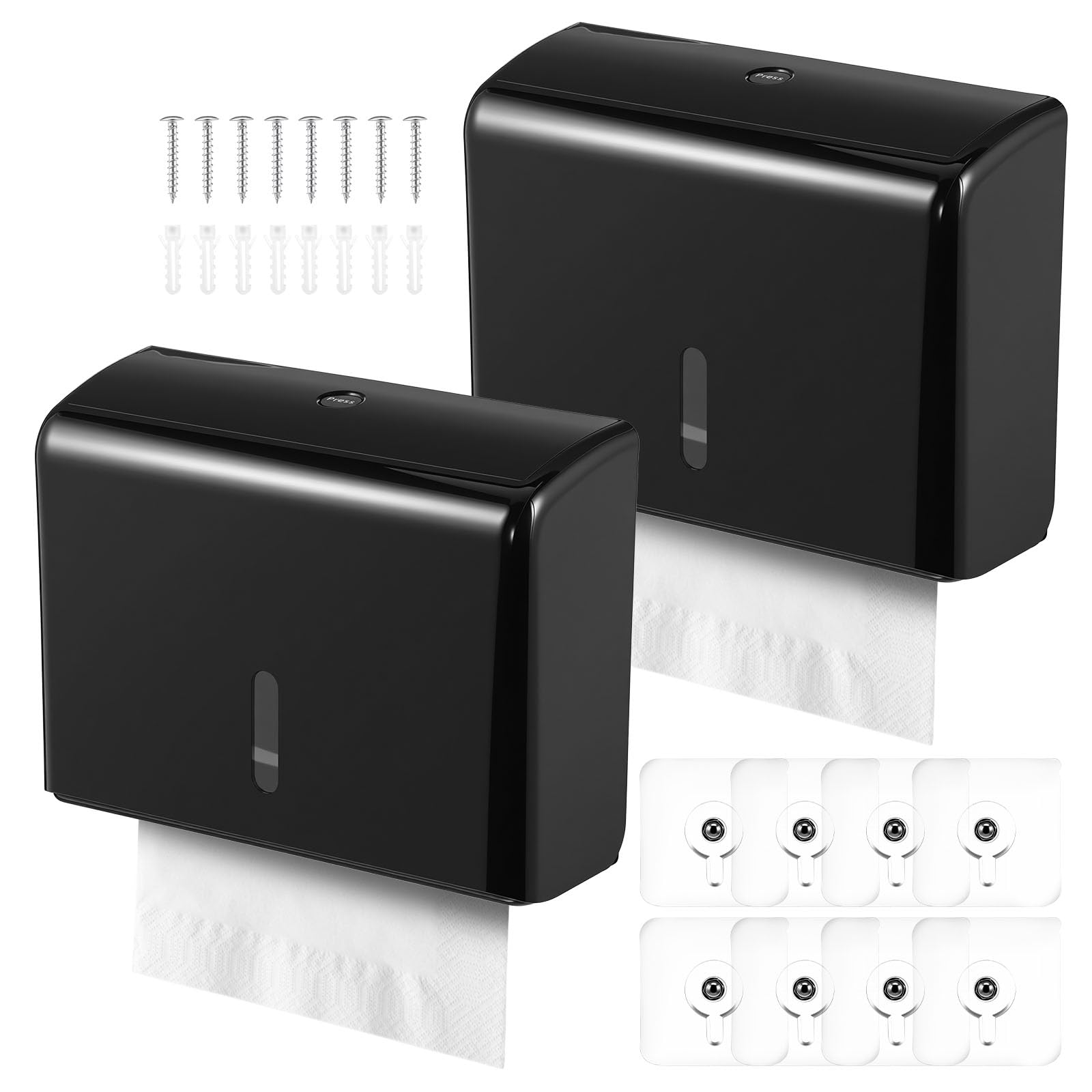 2 Pack Multifold Paper Towel Dispenser, Wall Mounted Plastic Hand Towel Holder Up to 200 Sheets, Adhesive Tissue Holder for Bathroom, Restroom, Commercial