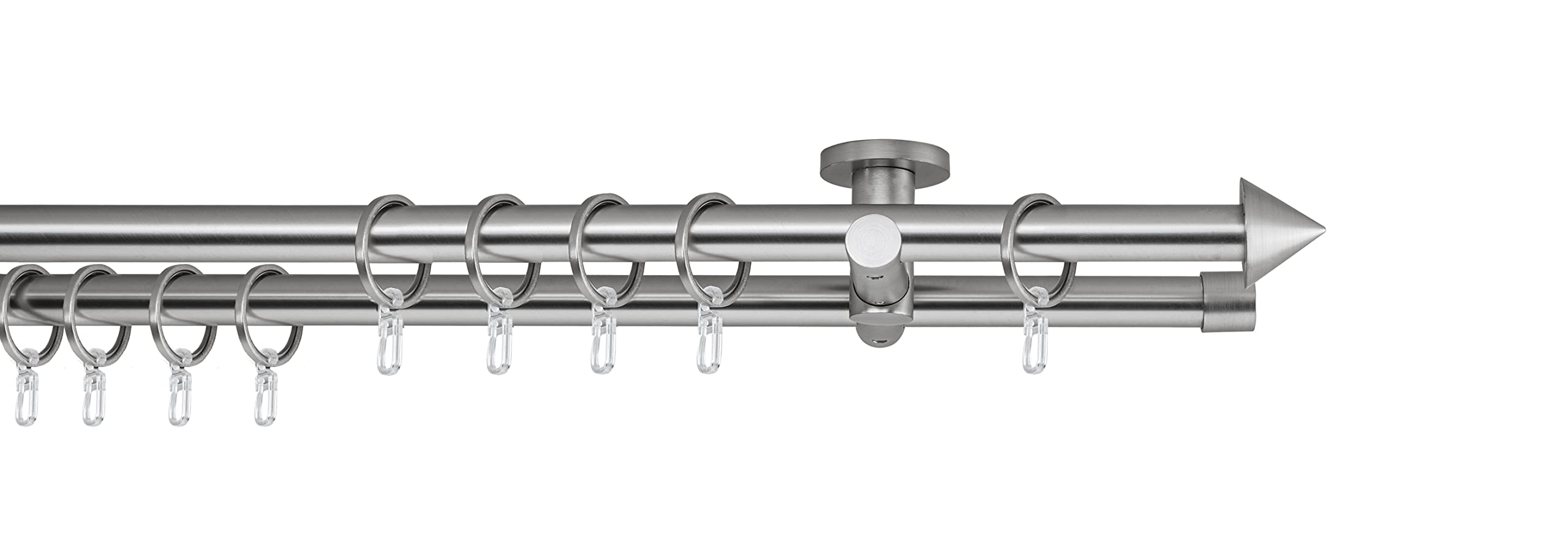 Gardinenstange auf Maß 20mm Spitze 2-lauf Vorhangstange Deckenträger 5,5cm Stilgarnitur mit Ringen für Vorhänge 140cm Edelstahl-Optik