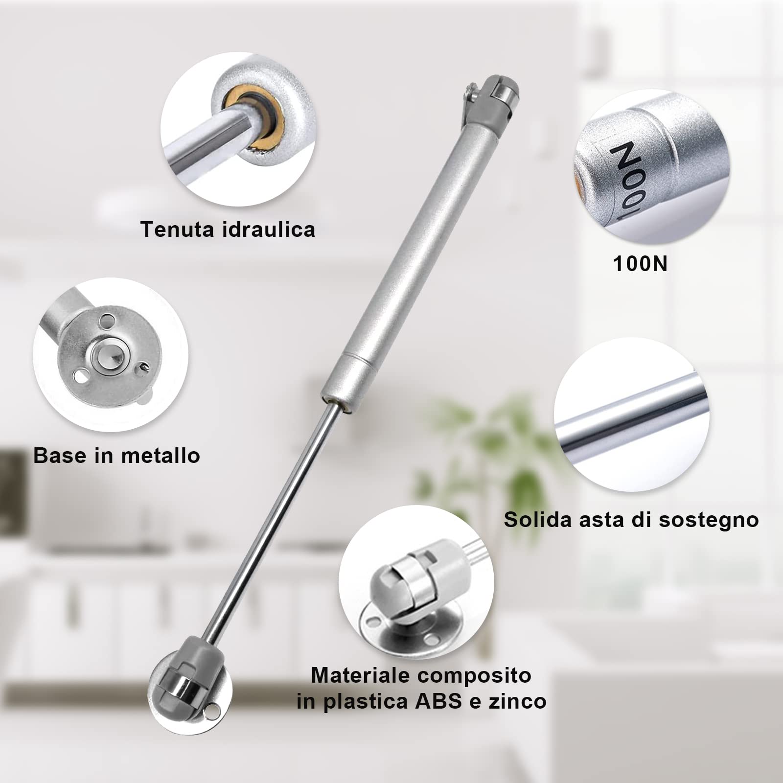 2 Pezzi Molle a Gas 100N Pistoni per Ante Cucina, Pistoncini per Mobili, Ammortizzatori per Ante, Adatto per Stoccaggio Scatole, Porte in legno, Cerniere Armadio e Braccetti Regolabili, Argento - 3
