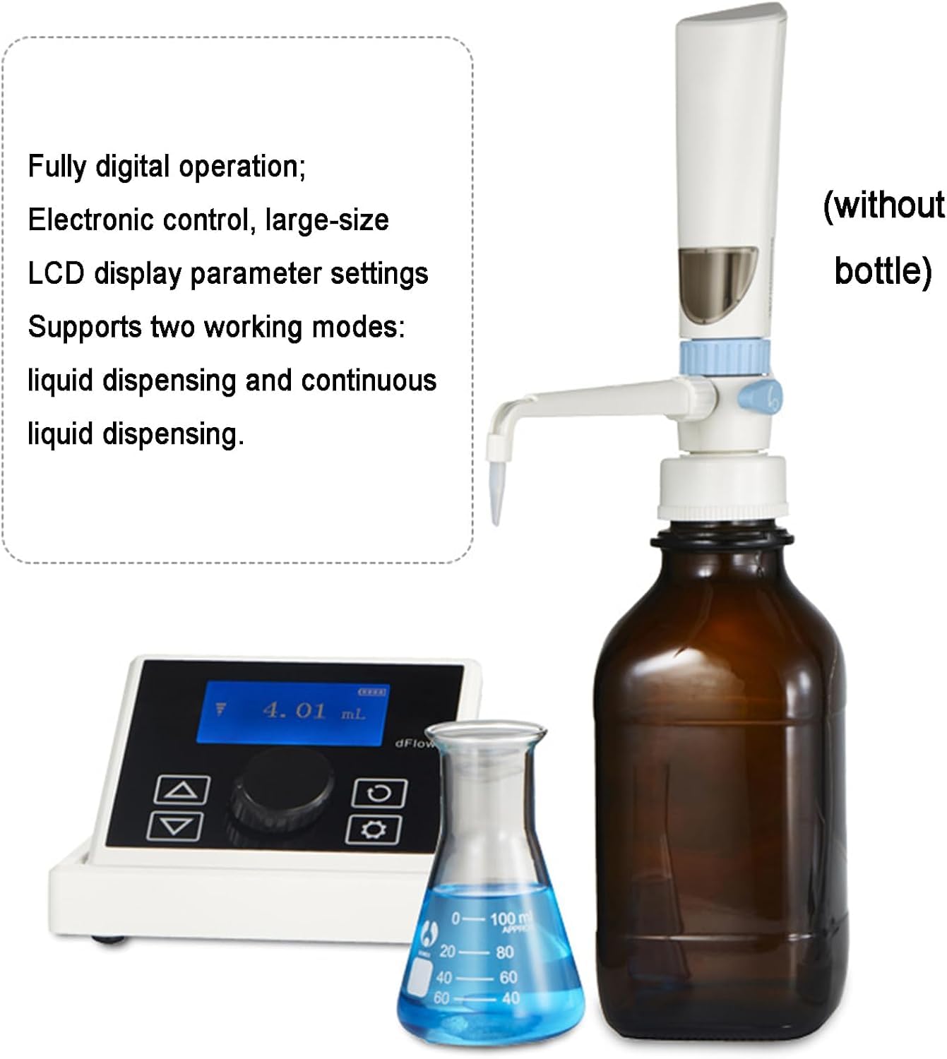 Digitaler Flaschenaufsatz-Dispenser, Polypropylen-Flaschenaufsatz-Bürette, Einstellbares Volumen Von 0,01 Bis 99,99 Ml, Unterstützt Dosieren/kontinuierliches Dosieren, Ohne Braune Flasche, Für Laborfl