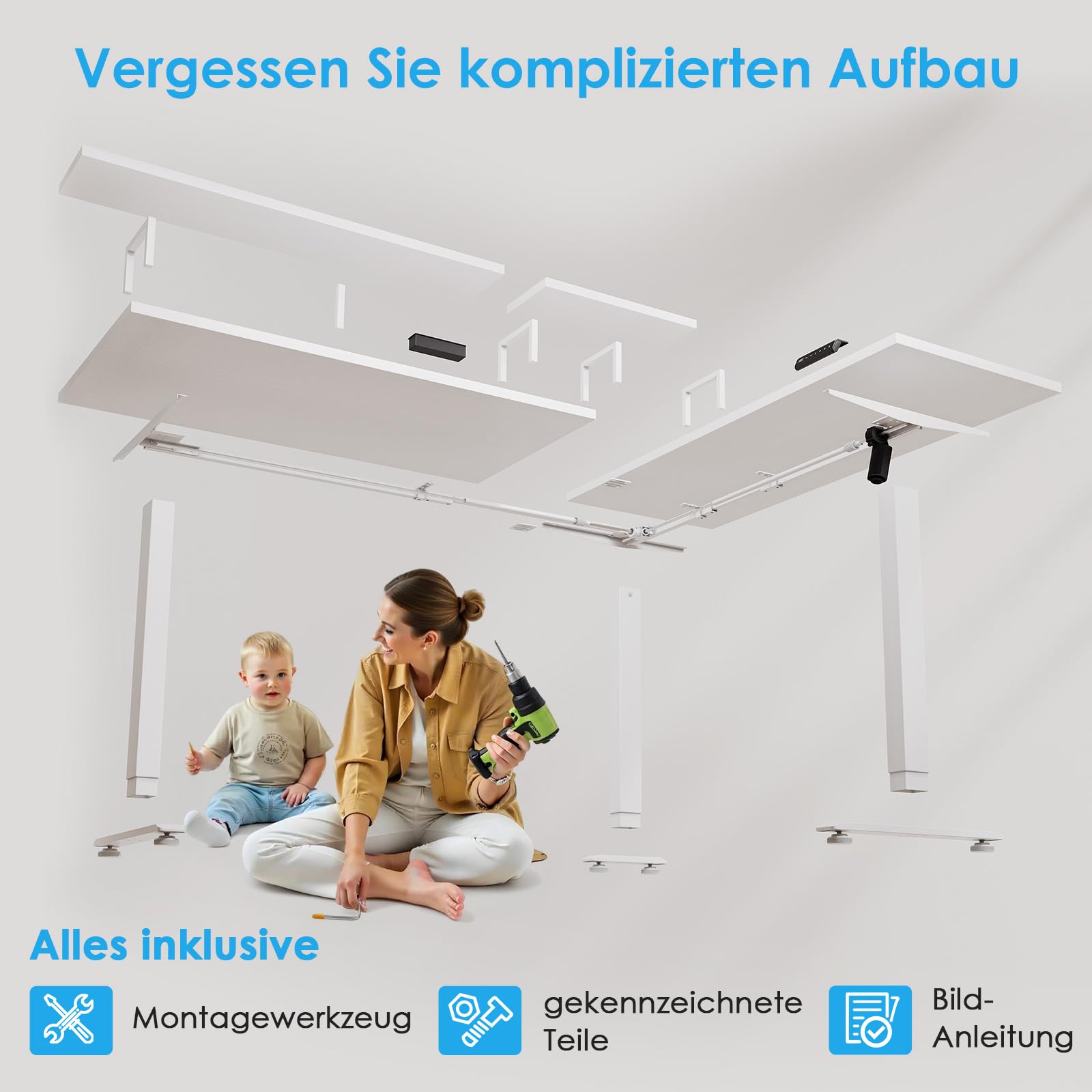OffiGo Schreibtisch Höhenverstellbar, 150x120cm Eckschreibtisch Höhenverstellbar mit Monitorhalterung, Elektrisch Schreibtisch L Form mit Steckdosen, Computertisch mit LED Lichtleiste für Büro, Weiß