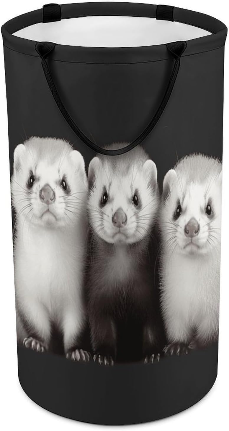 Ferrets Laundry Hamper with Handles Waterproof Collapsible Laundry Basket Large Lightweight Round Dirty Clothes Hamper for Home Dorm Bathroom Decor