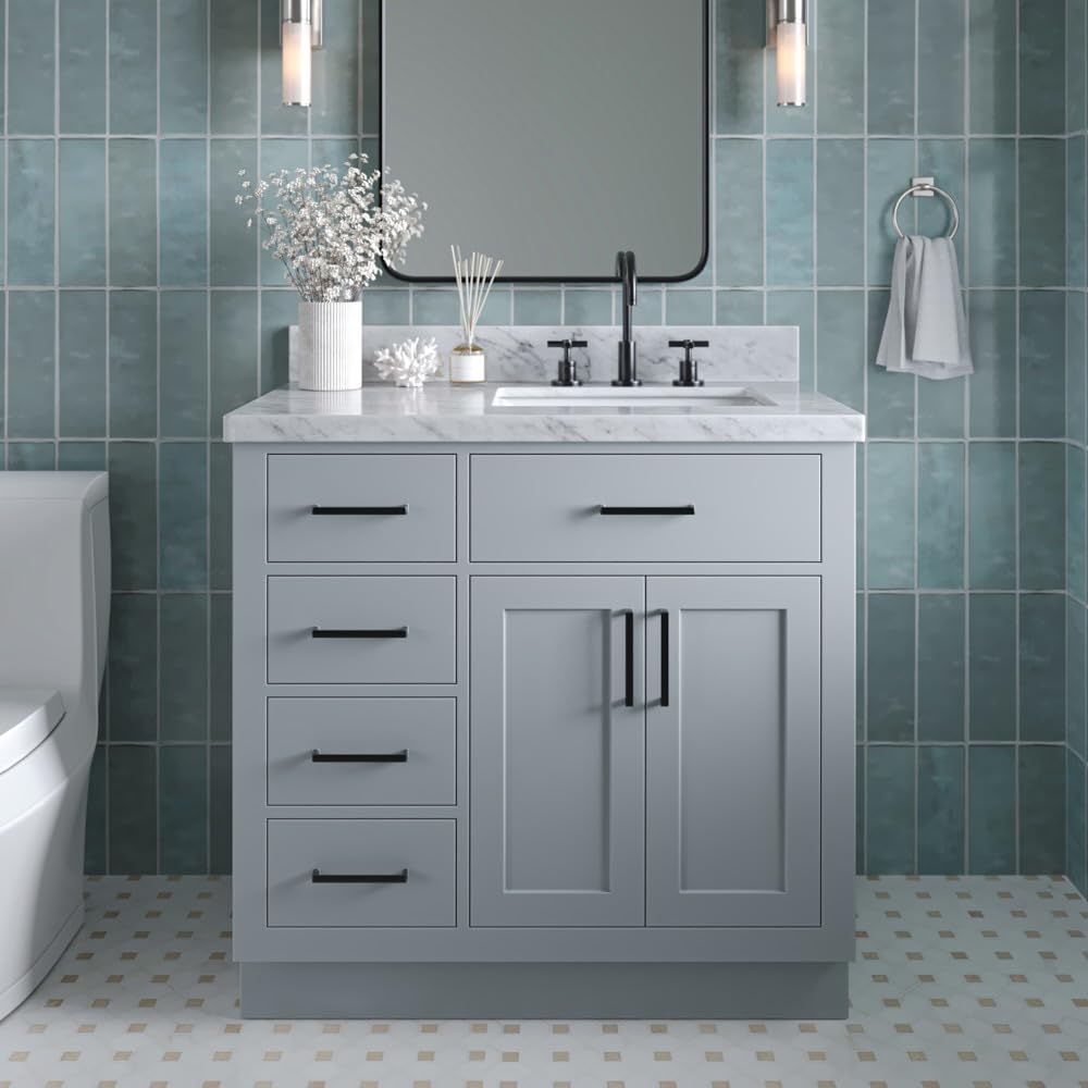 ARIEL Bathroom Vanity 37" Grey, 1.5" Edge Italian Carrara Marble Countertop & Splash, Rectangular Sink, 2 Soft Closing Doors, 5 Full Extension Dovetail Drawers, Toe Kick, Matte Black