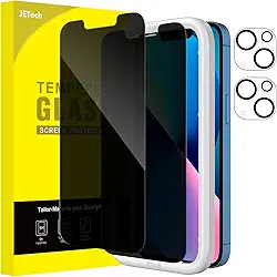 JETech Película de Vidro Temperado de Privacidade para iPhone 13 6,1 Polegadas com Protetor Lente Câmera, Protetor de Tela Antiespião, Ferramenta, 2 Pacotes Cada