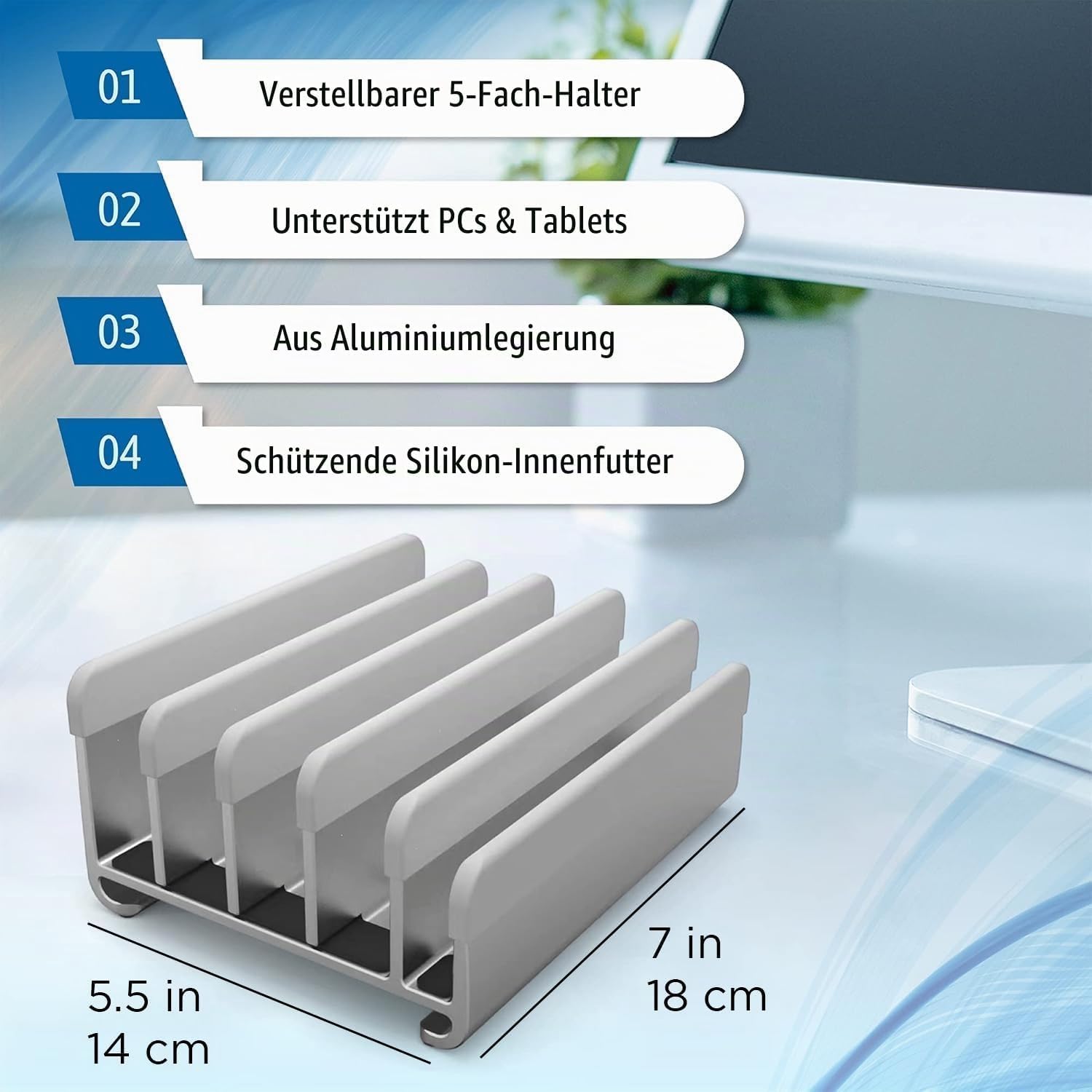 Verstellbarer Laptop-Ständer für 5 Geräte, modernes Design, werkzeuglose Anpassung, stabil und geräteschonend, Grau