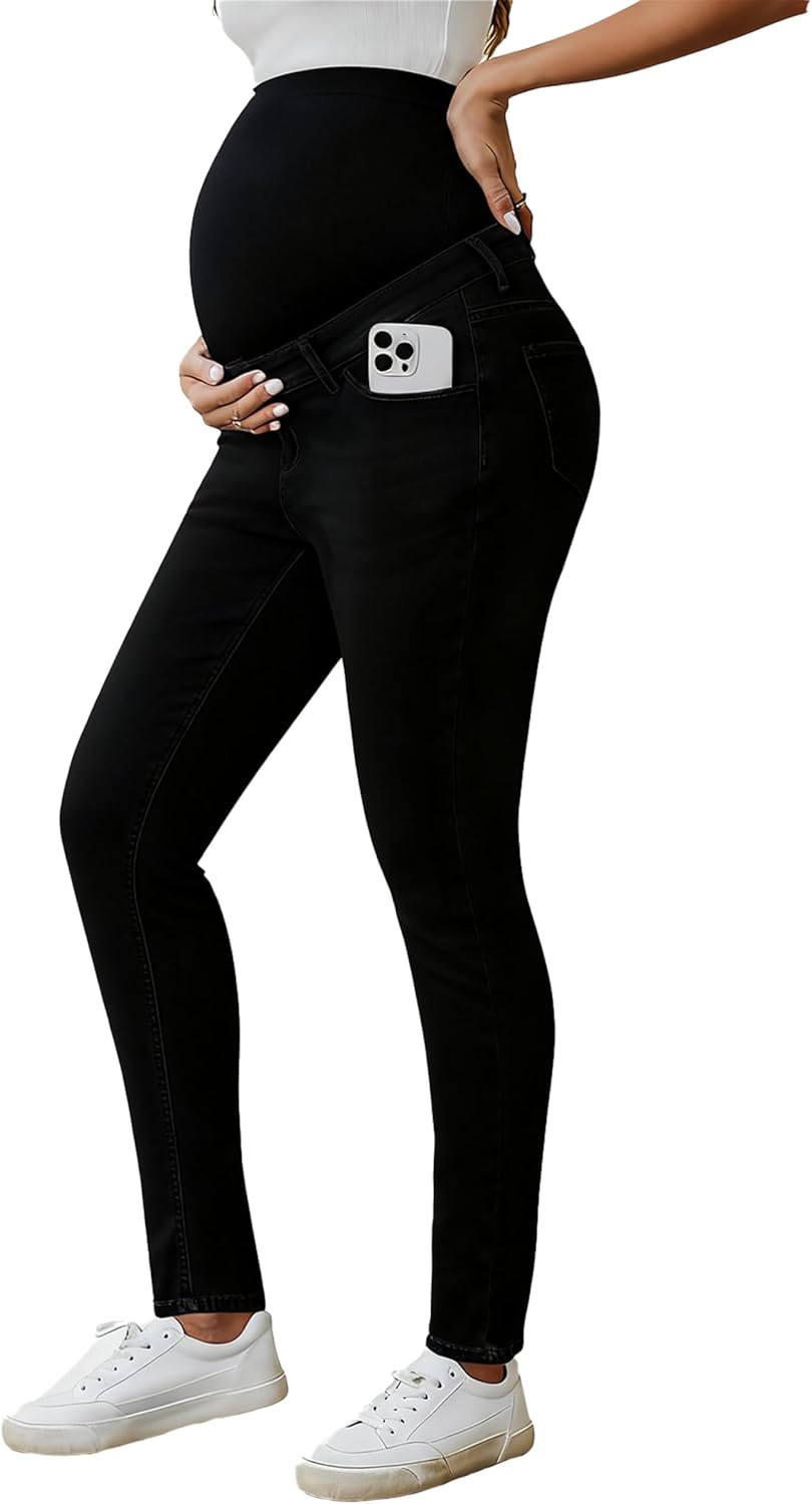 Ecavus Women's Maternity Jeans Over Belly Stretchy Skinny Denim Pregnancy Pants Maternity Clothes with Pockets