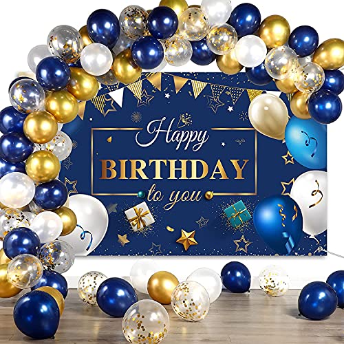 Catálogo de Pack de artículos para fiestas - solo los mejores. 46 Juego de 50 Globos de Confeti de Cumpleaños Azul Marino y Dorado Con Banner de Fondo de Fotografía para Adultos - Decoración de Fiesta