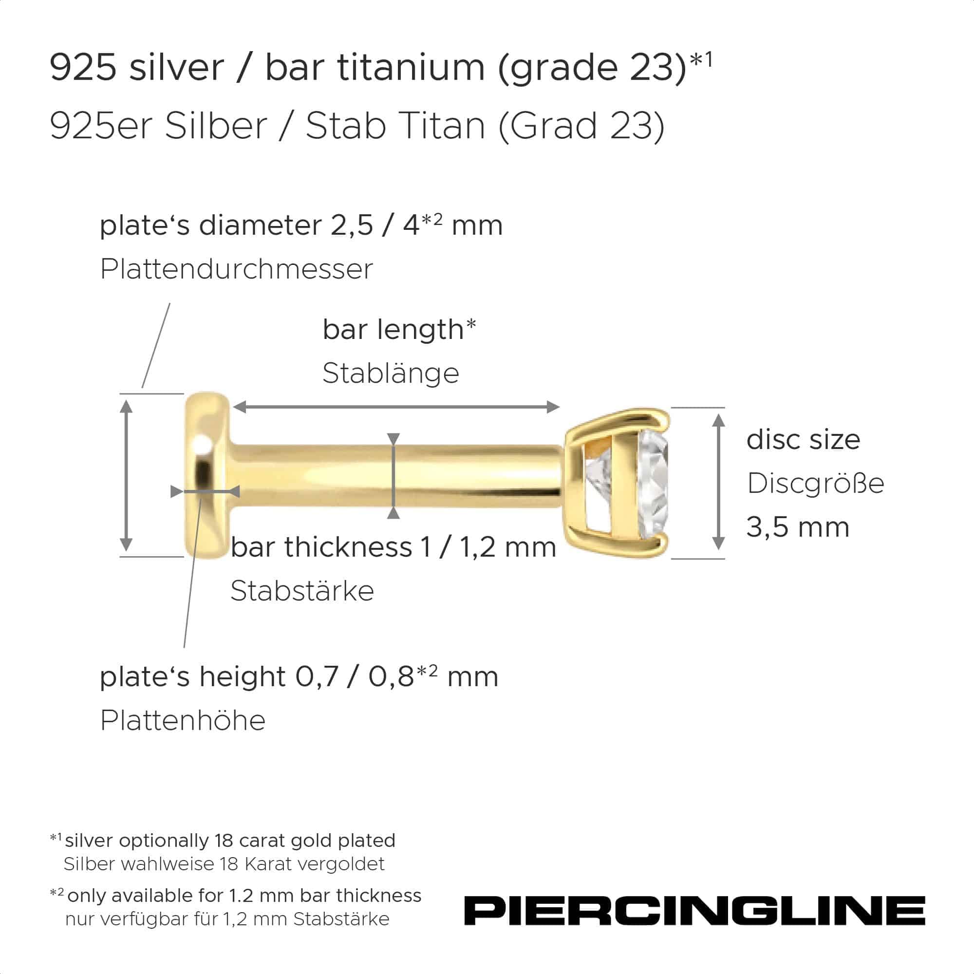 PIERCINGLINE Piercing Stecker Titan Labret mit Innengewinde + 925er Silber Aufsatz MOISSANIT-HERZ - Goldfarben, Silberfarben