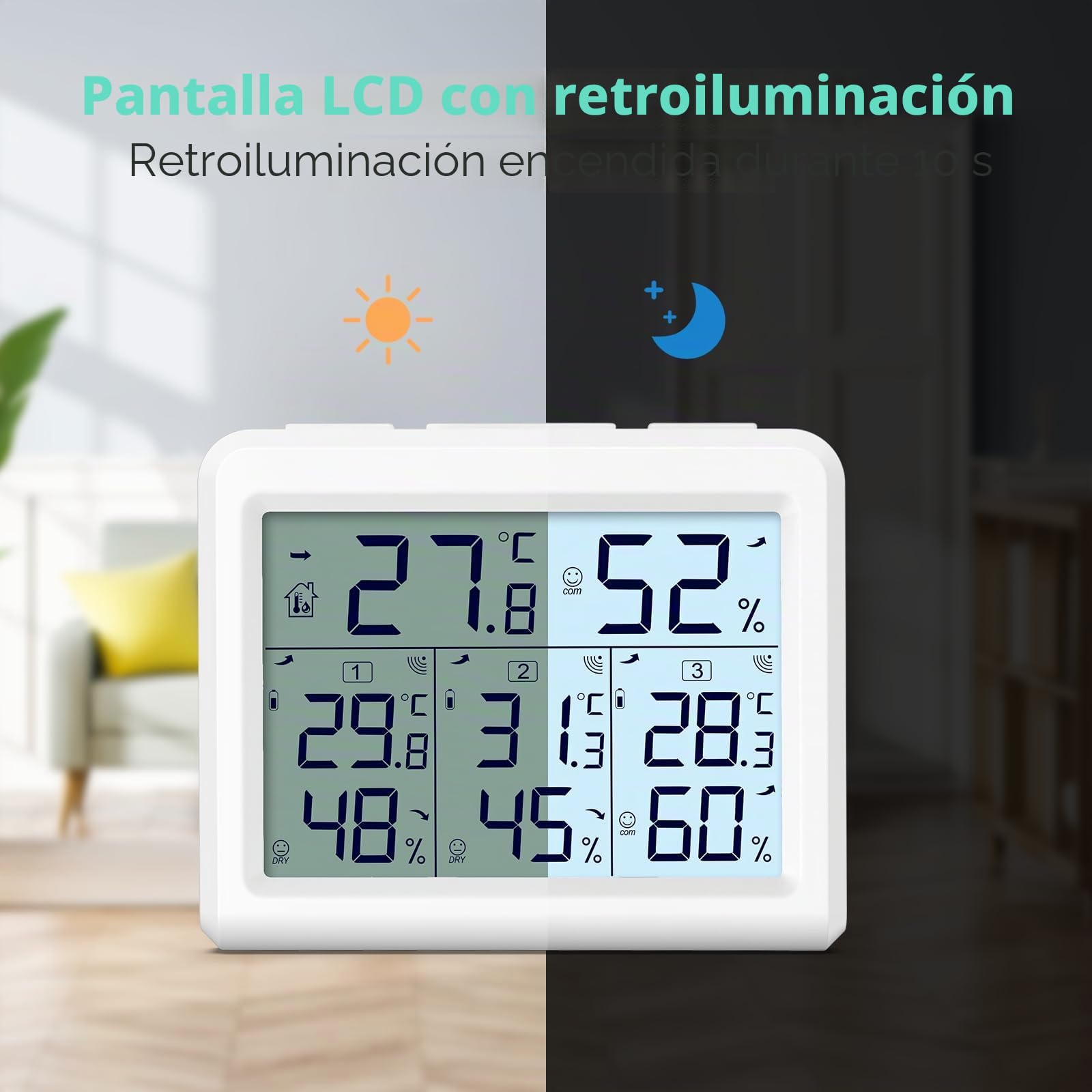 ORIA Termómetro Higrómetro Interior Exterior, Medidor Temperatura y Humedad con 3 Sensor Remotos, Digital Termohigrómetro Inalámbrica con Retroiluminación & Nivel de Comodidad, Min/Max Registro