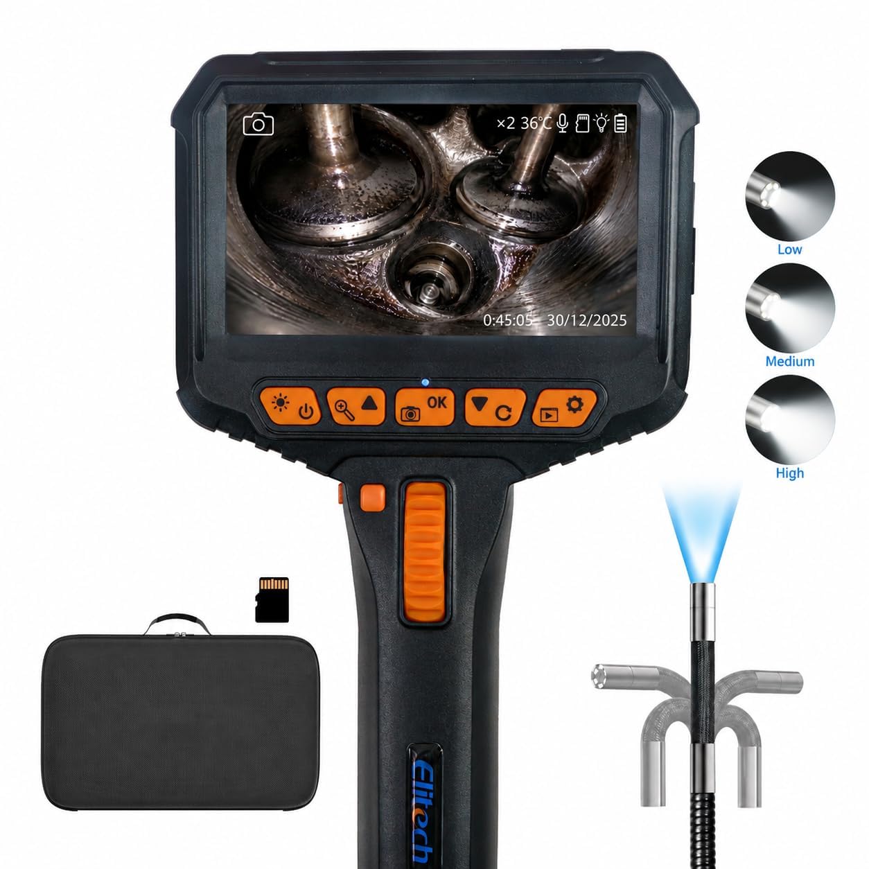 Elitech Cámara de Inspección de Tuberías y Motores Endoscopio Articulado Bidireccional 180° con Pantalla IPS 4.3" y Sonda Ultrafina 6.2mm IP67 Herramienta Profesional ELS-240