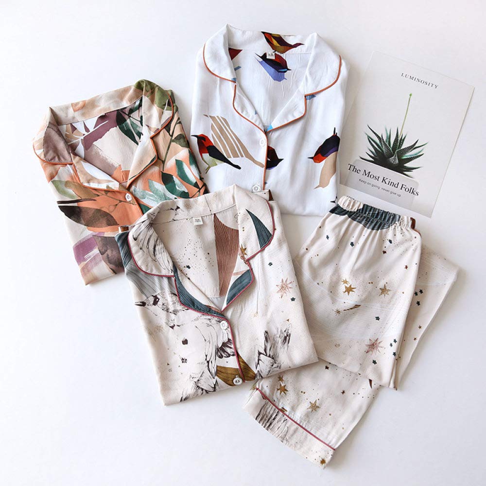 Conjunto De Pijamas De Mujer,Pijama Suave De Algodón Viscosa 100% Con Bolsillos Estampado De Pájaros Pijamas Finos De Manga Larga Con Botones Conjuntos De Verano Ropa De Dormir Ropa De Dormir Ropa