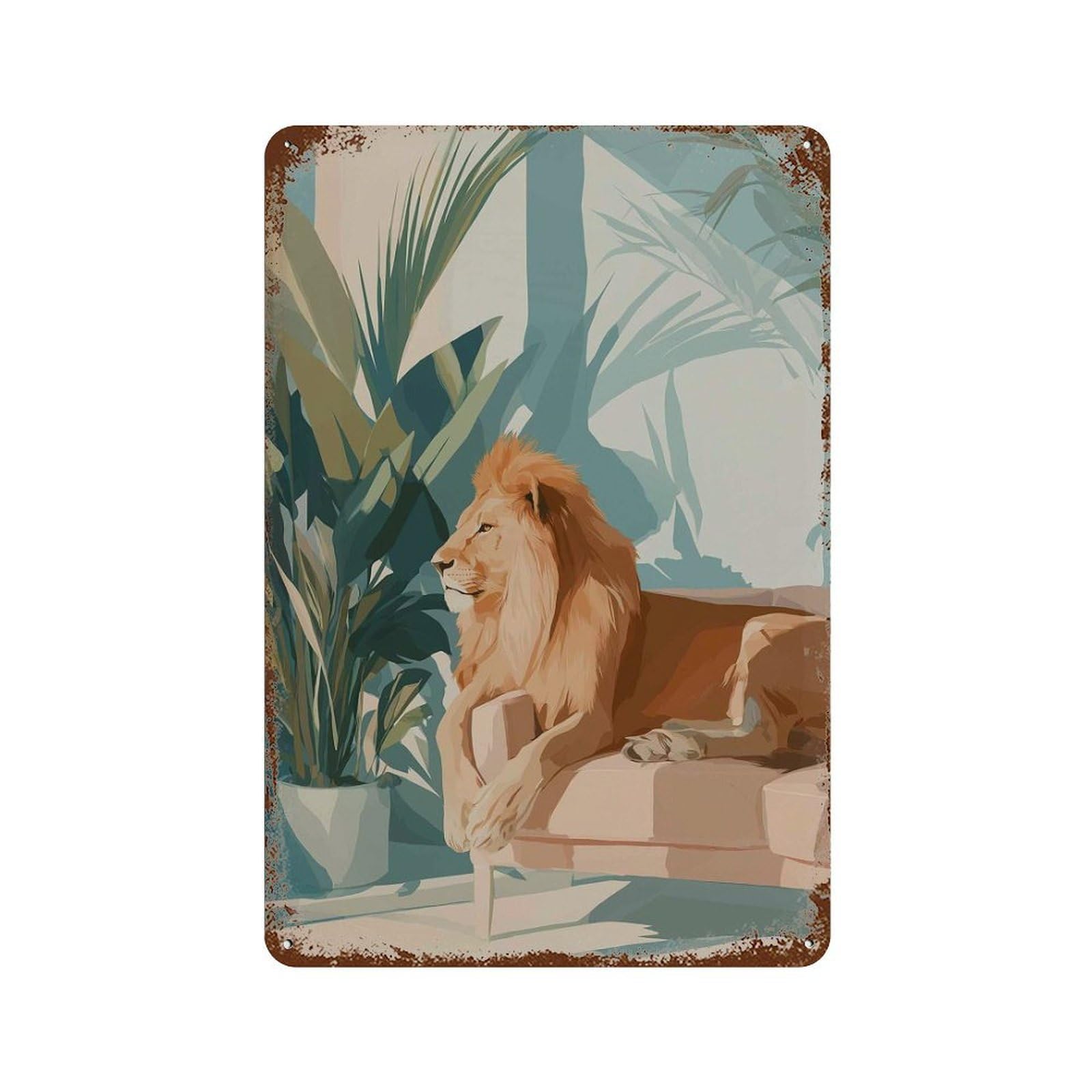 xiaoxiaoshen Lion on Sofa Modern Jungle Animal Minimal Tropical Relaxed Safari Style Neutral Wall Decor Art Metal Tin Poster Modern Home Decor Art Home Bar Shop Decorations Vintage Sign 30x20cm