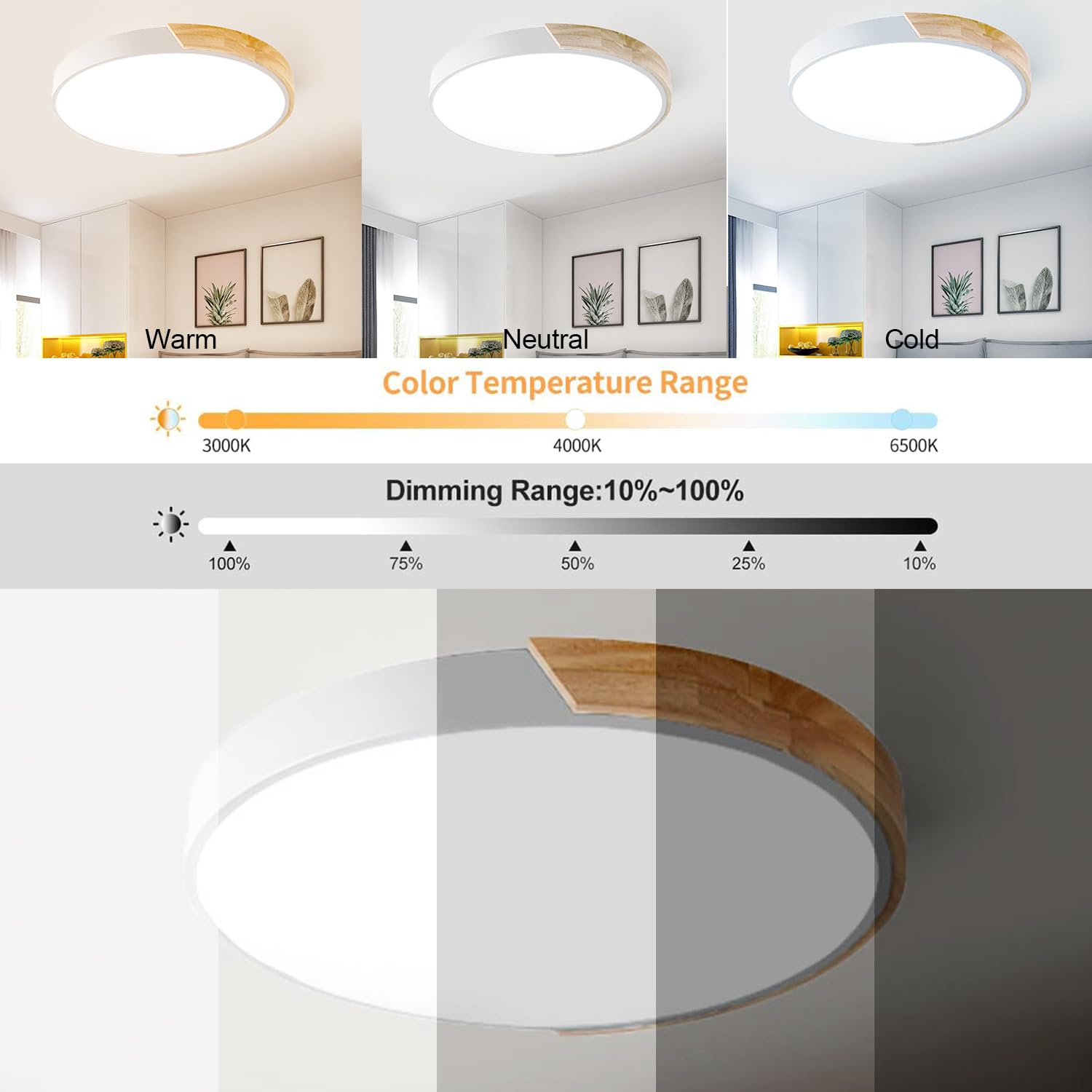 Lampa sufitowa LED 12 cali, nowoczesny styl, drewniana, podtynkowa, ściemniana, biała, 24 W, do salonu lub sypialni.