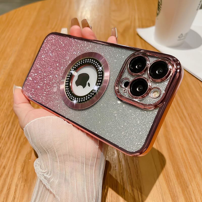 Image of Misscase for iPhone 15 Pro Max Magnetic Glitter Case Compatible with MagSafe,Full Protection Slim Shockproof Anti-Scratch Case with Camera Lens Protector Logo View Dust-Proof Net for Women Pink