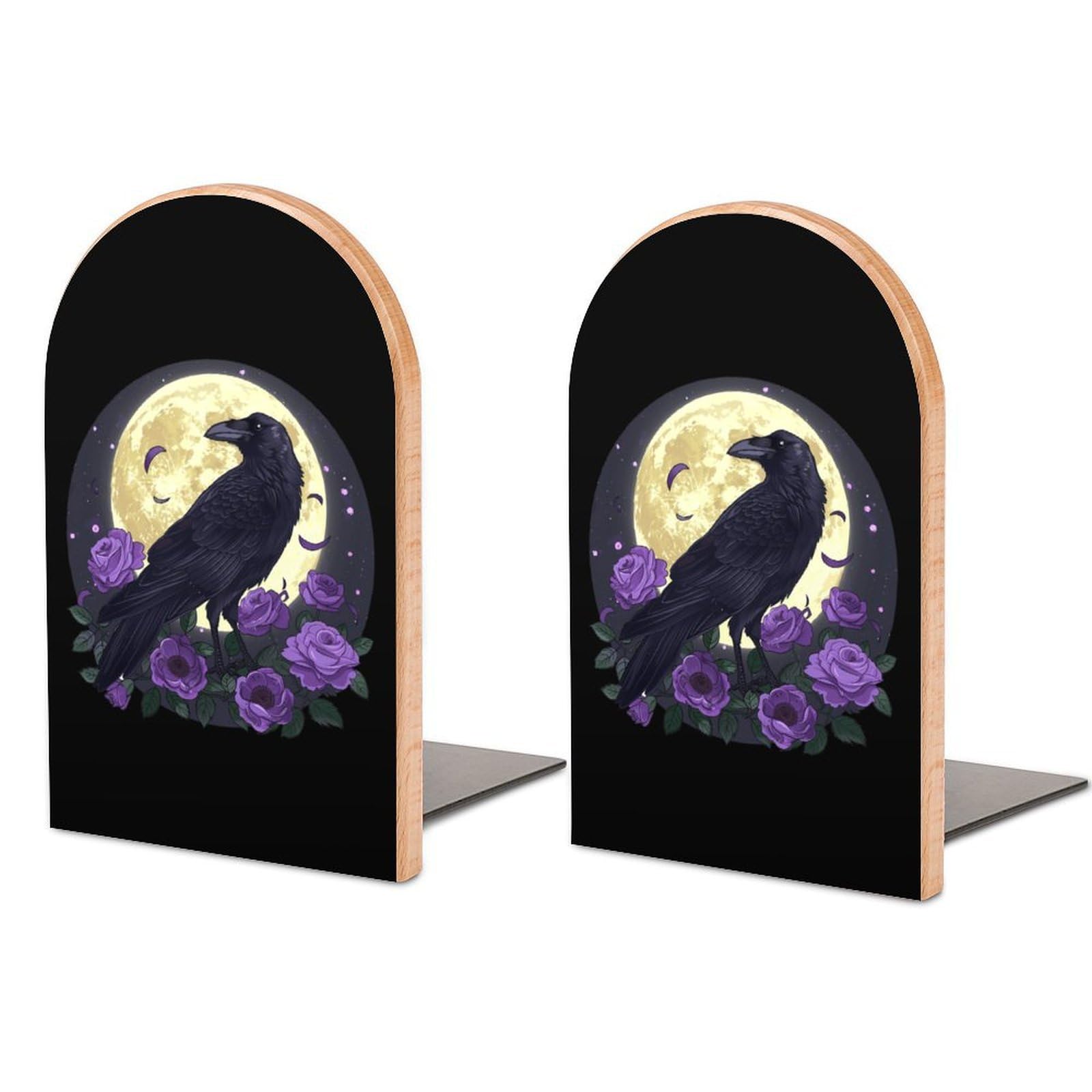 Full Moon Gothic Witchy-Crow-Roses Mystical Book Ends Wood Non-Slip Books Stand Book Holders Book Stopper Organizer for Shelves Home Office
