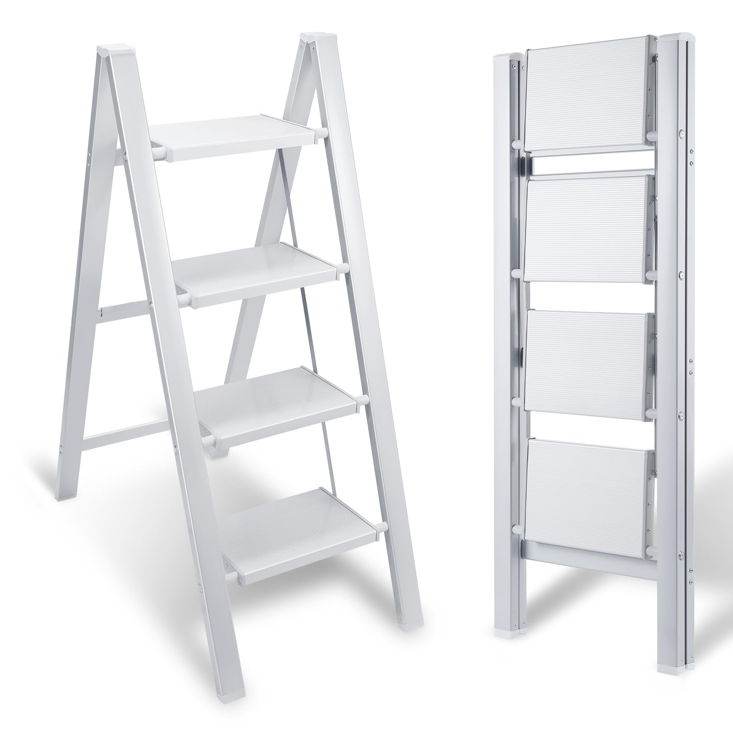 Escalera de aluminio, 4 peldaños, taburete de aluminio, antideslizante, pequeña y compacta, capacidad de carga hasta 150 kg para el hogar, la oficina, estante portátil (blanco)