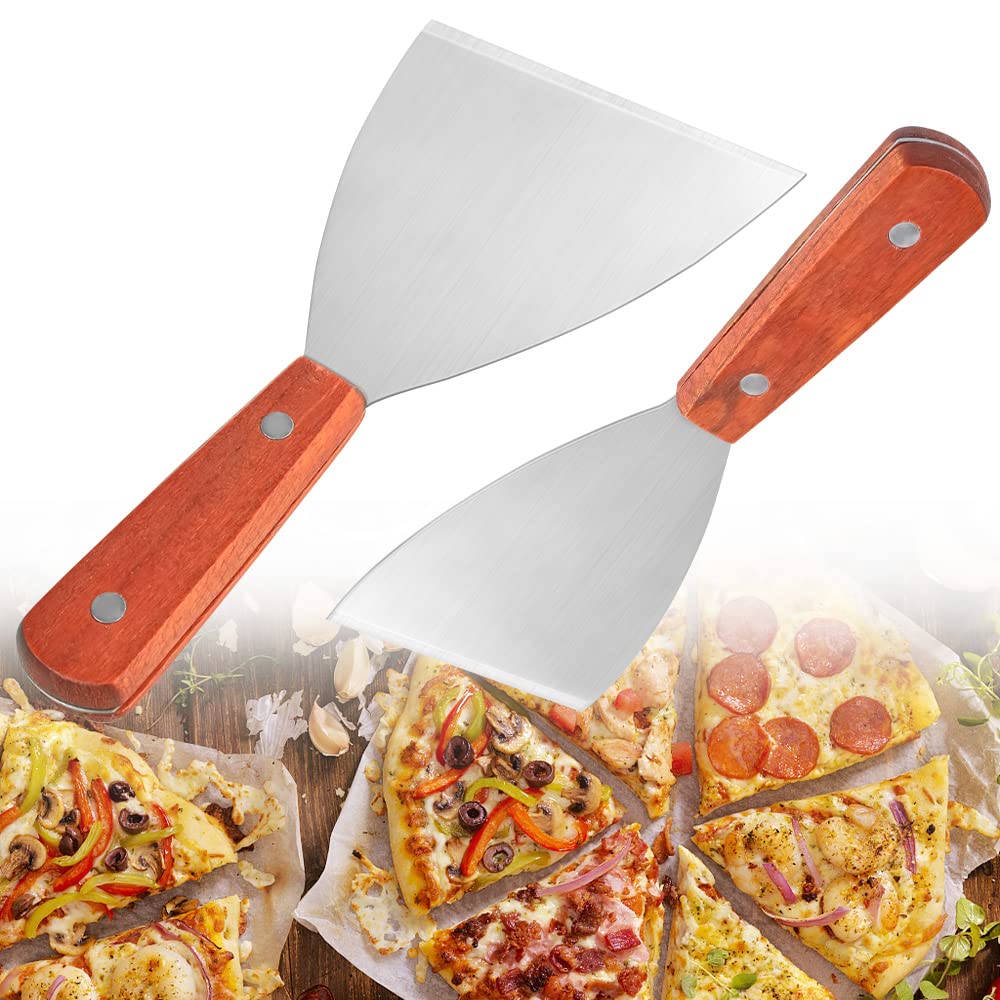 THATSRAD 2 PCS Spatule Inox Manche en Bois Spatule Barbecue Plancha Grattoir Plancha Inox Spatule Plancha Inox Teppanyaki Spatule pour Barbecue Pizza Steak 20,5*10 cm, 20,5*7,5 cm,1 mm d'Épaisseur