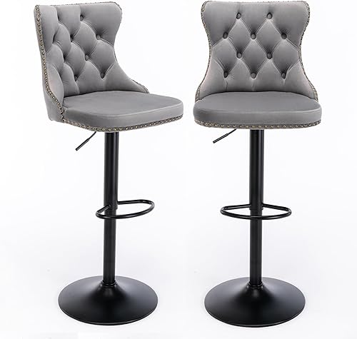 Miniatura 9 de Juego de 2 modernos taburetes de bar giratorios ajustables, sillas de bar de terciopelo gris con respaldo y ribete de cabeza de clavos, para isla de