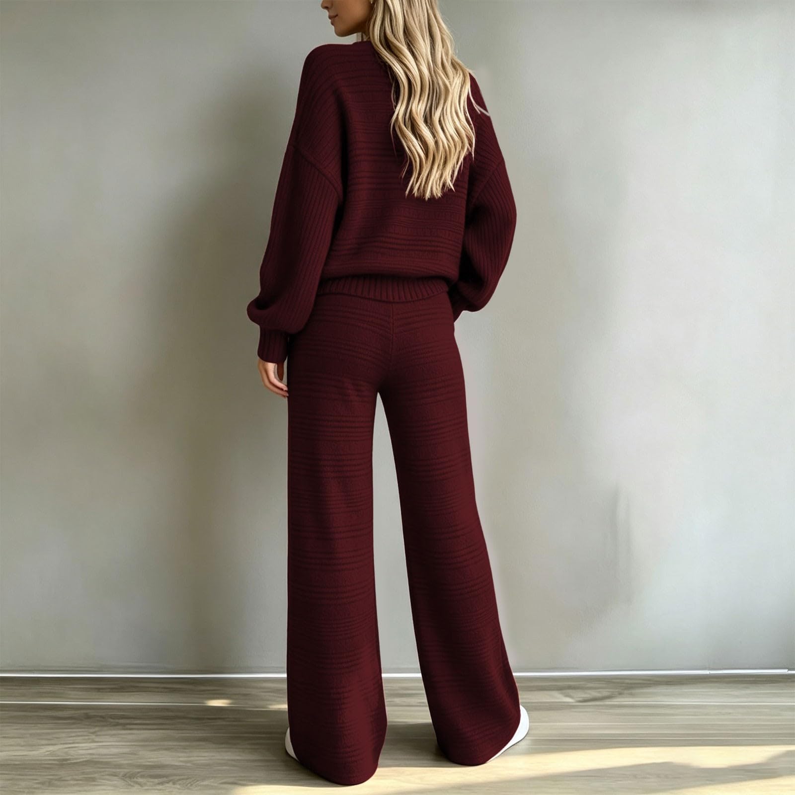 Set da donna in due pezzi, taglia grande, elegante | Maglia girocollo a gamba larga, pantaloni palazzo a costine, abbigliamento per il tempo libero, 2 pezzi