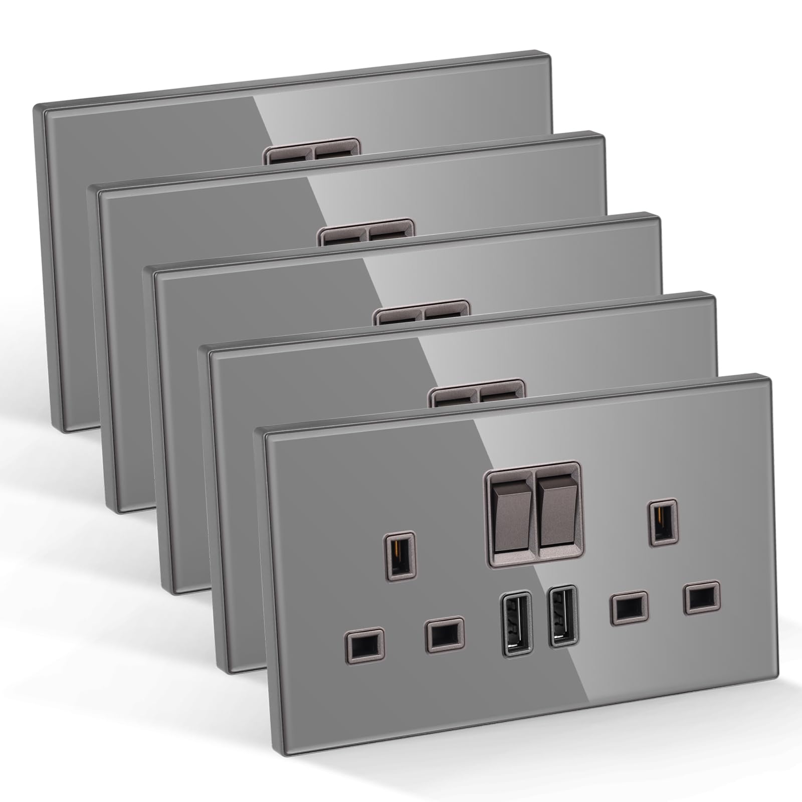 CNBINGO Double Switched Socket with 2 USB-A Ports, Electric Power Sockets 2 Gang 13 Amp, Grey Tempered Glass Panel Wall Outlet, 5 Pack