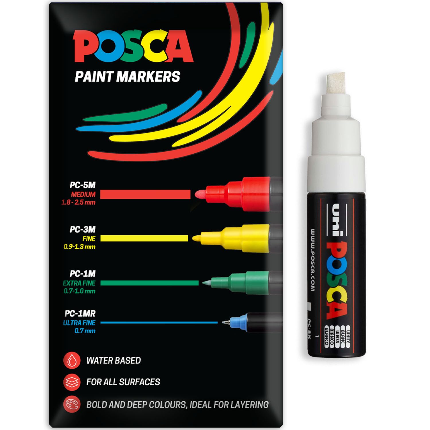 Posca Water Based Acrylic Paint Marker Pens | Multi Surface Use Permanent Paint Pen | Pack of 1 in Envelope Gift Packaging | Glass, Fabric, Wood etc | Chisel Tip PC-8K, White