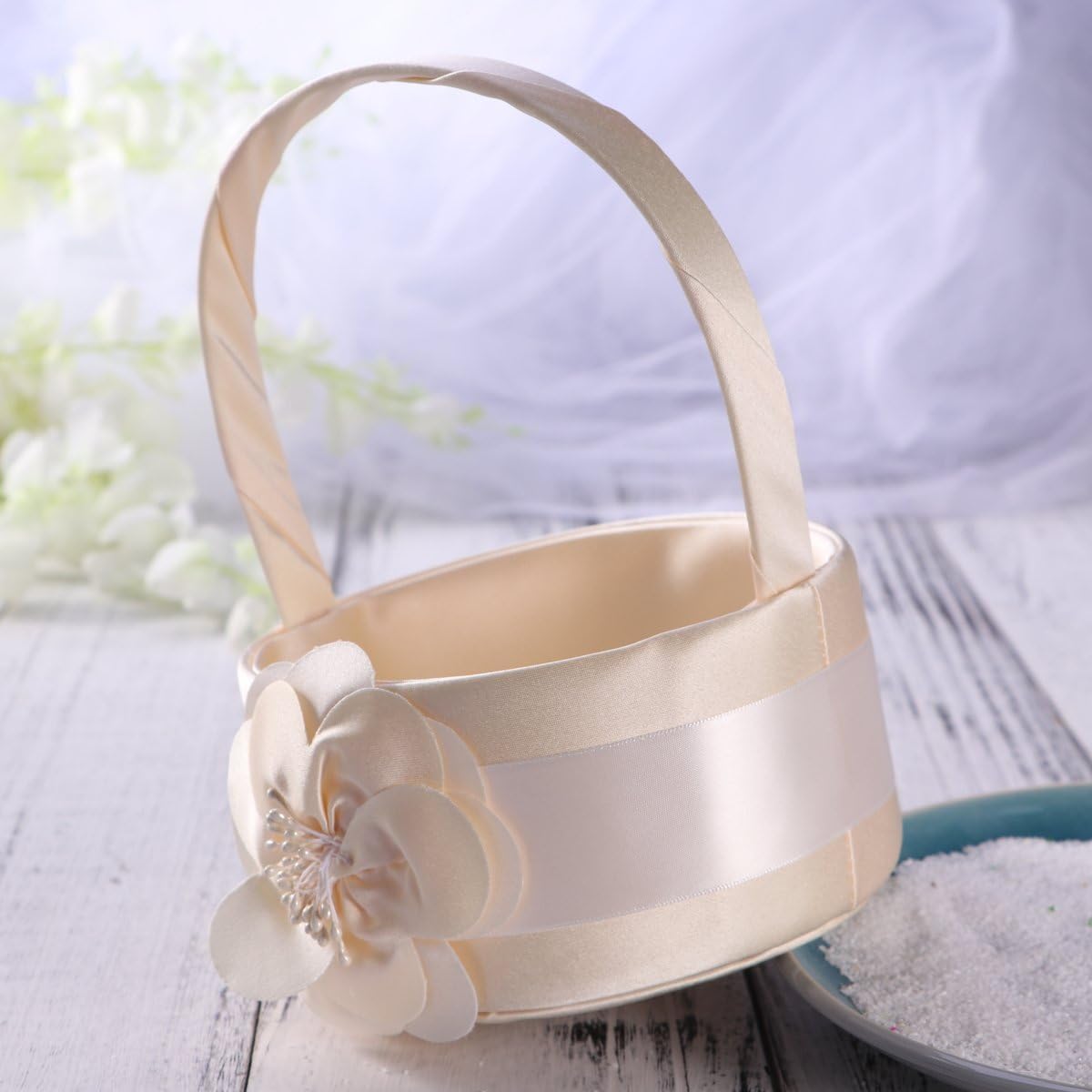 Healifty Vintage Satin Wedding Flower Girl Basket for Ceremony Party Handmade Romantic Flower Basket 8.26X5.90X5.90In Ideal for Weddings Showers and Anniversary Celebrations
