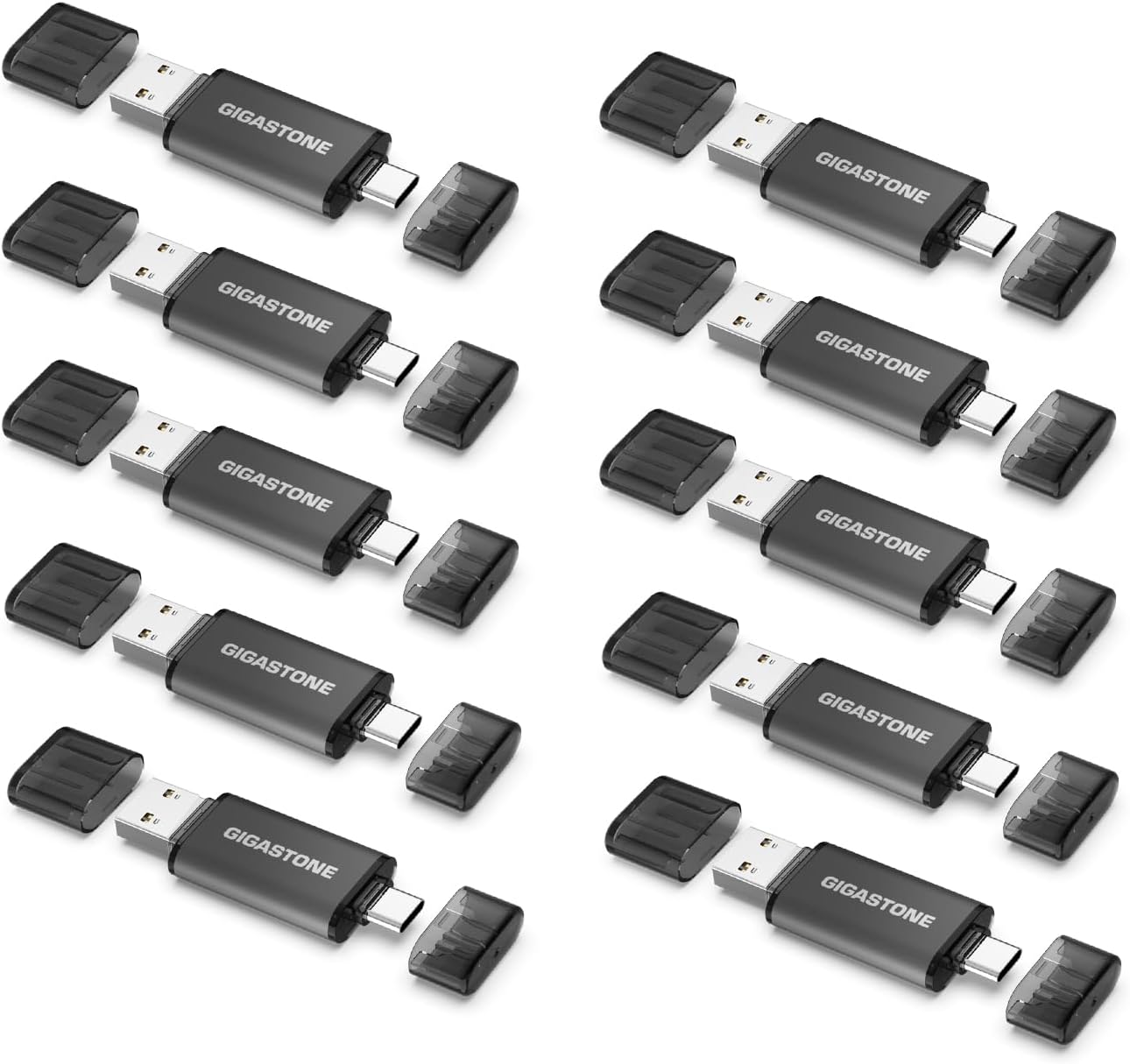 GIGASTONE 32GB Dual USB Flash Drive 10-Pack, USB 3.2 Gen 1, 2-in-1 USB C+A, Speed Up to 100MB/s, Head Cap Design Thumb Drive, Plug & Play for Smartphone/PC/Mac/TV/Car Audio, USB 2.0/3.0/3.1 Compatible