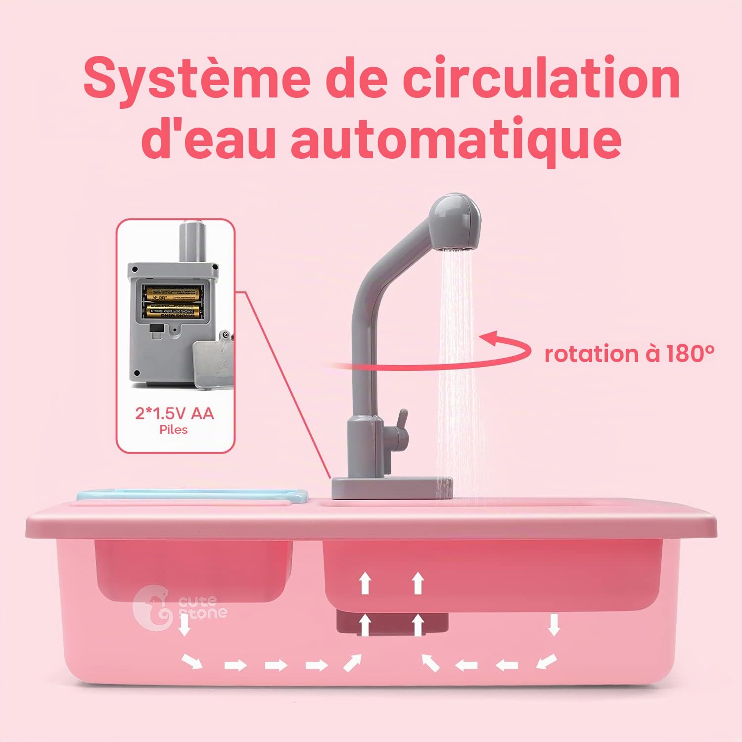 cute stone Ensemble évier de Cuisine avec Robinet d'eau Chaude, système de Recyclage de l'eau, dînette Qui Change de Couleur et Fruits à découper Jouet pour Enfants à partir de 3 Ans Rose