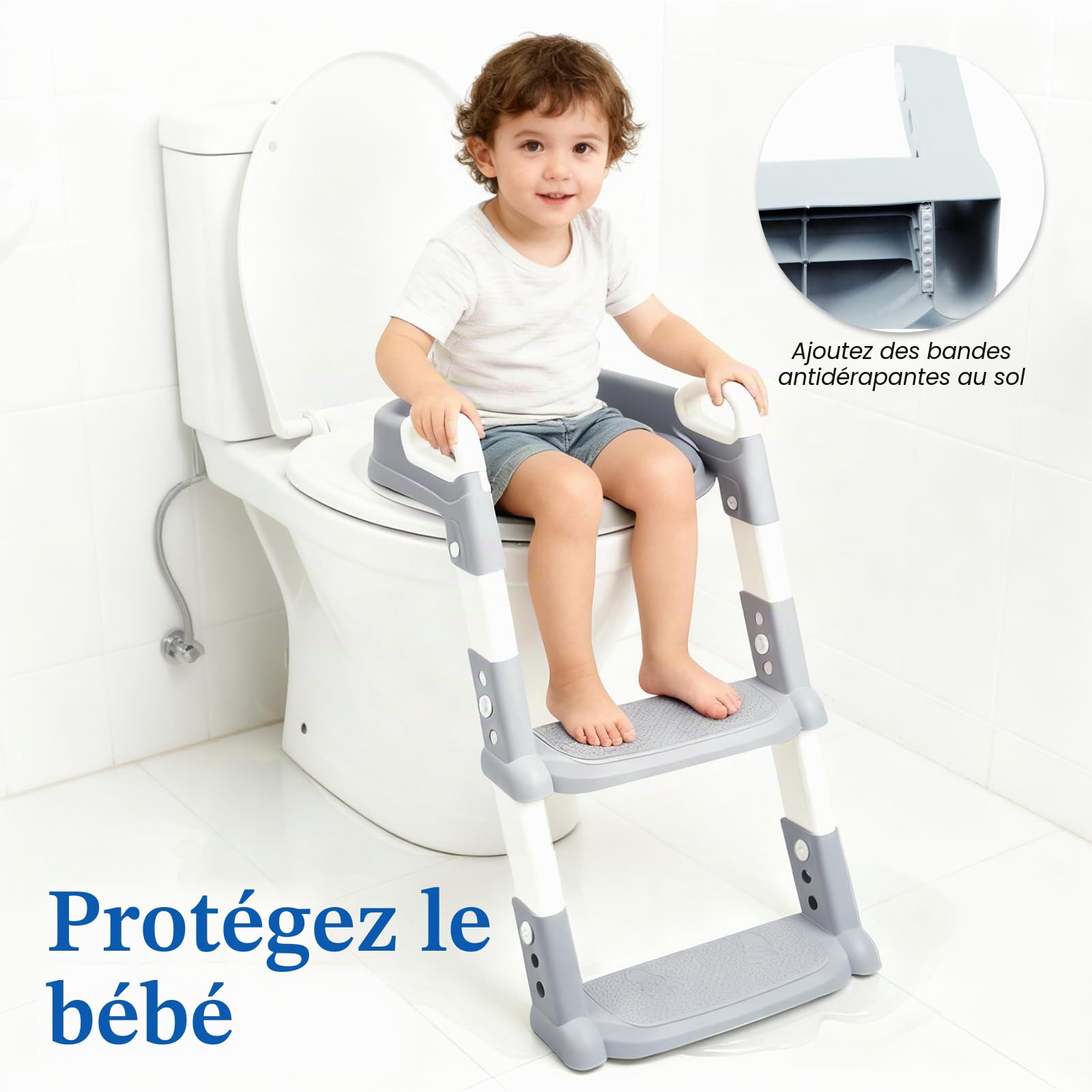 Reducteur Toilette Enfant avec Marche, Rehausseur Toilette Enfant, Adaptateur Toilette Enfant, Réglable en Hauteur Pliable,éclaboussures,Adapté en Forme de V,U,O, Blanche