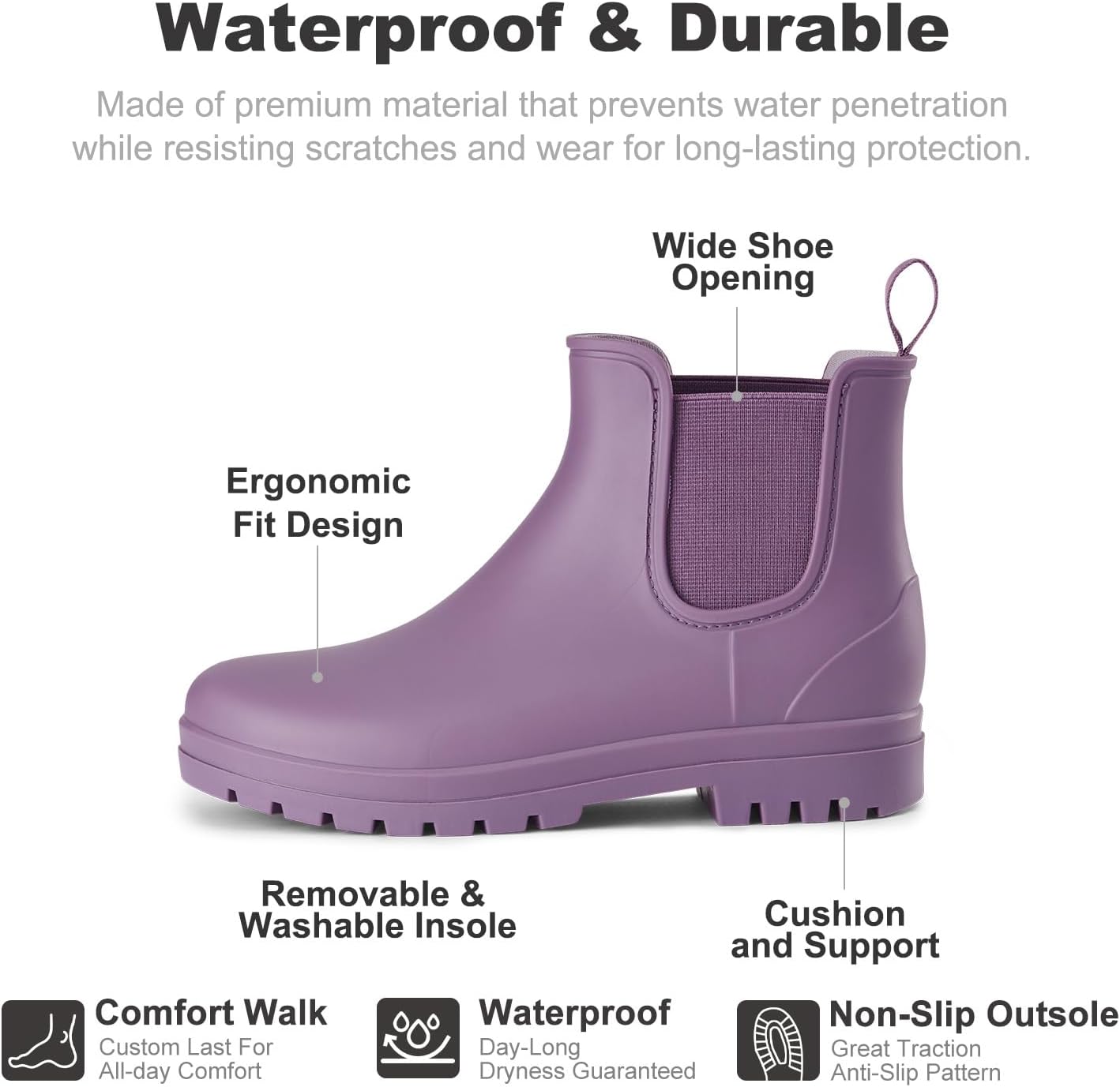 planone Minimalist Everyday Comfort Short Rain Boots for Women Arch Support Chelsea Boots Classic Waterproof Ankle Non-Slip Rubber Shoes with Removable Cushioned Insole - Image 3