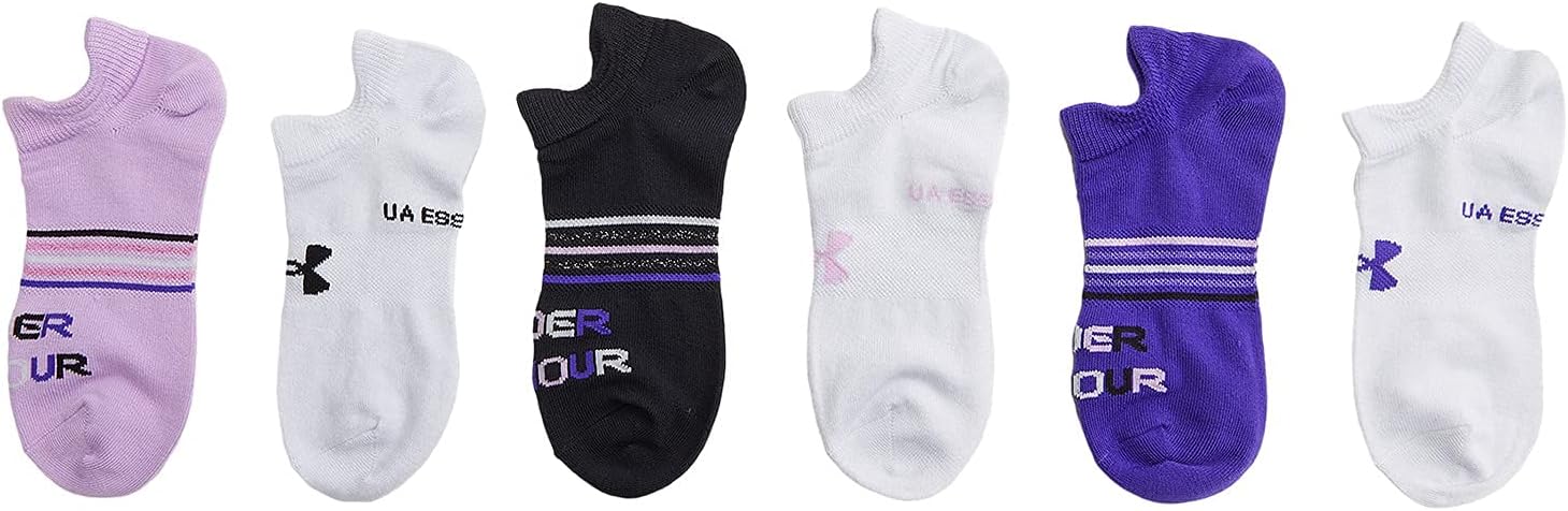 Under Armour Girl's Essential 2.0 No Show Socks 6-Pair (Little Kid/Big Kid) Purple Zest/Assorted LG (13.5 Little Kid - 4 Big Kid)