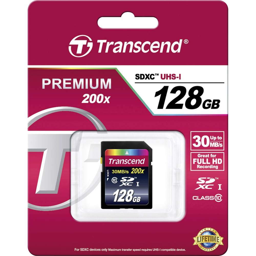 Transcend 128Go SDXC10 Carte mémoire SD UHS-I SDXC, 22 Mo/s, UHS-1 U1 C10