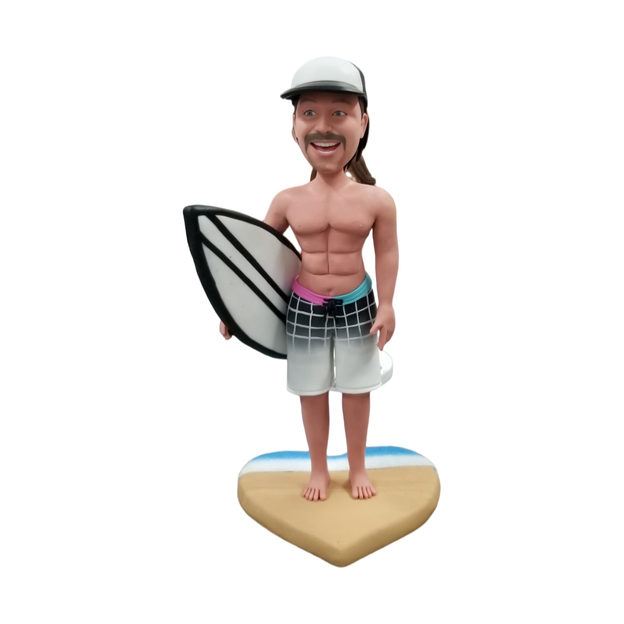 Figurine Bobblehead 3D personnalisée à partir de la photo, Bobbleheads masculins de surfeur avec planche de surf sur la base de la plage, décoration personnalisée sur le thème du surf, cadeaux