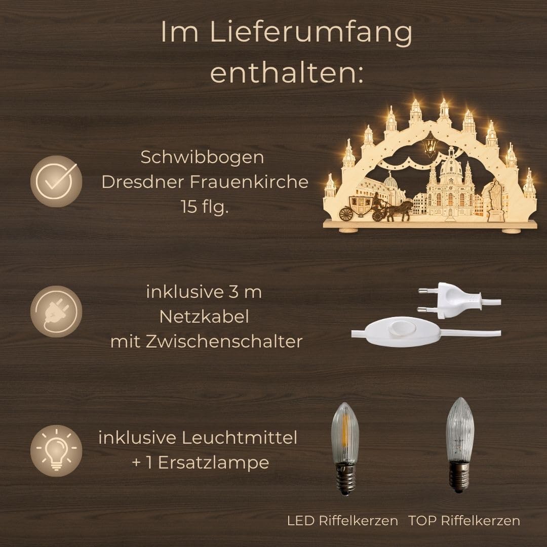 weigla - Schwibbogen original Erzgebirge I Motiv Dresden Frauenkirche I Lichterbogen Weihnachten I 15 Lampenkerzen + 1 Ersatzlampe I 15 x 16 V, 3 W, E10 I beleuchtete Weihnachtsdeko innen