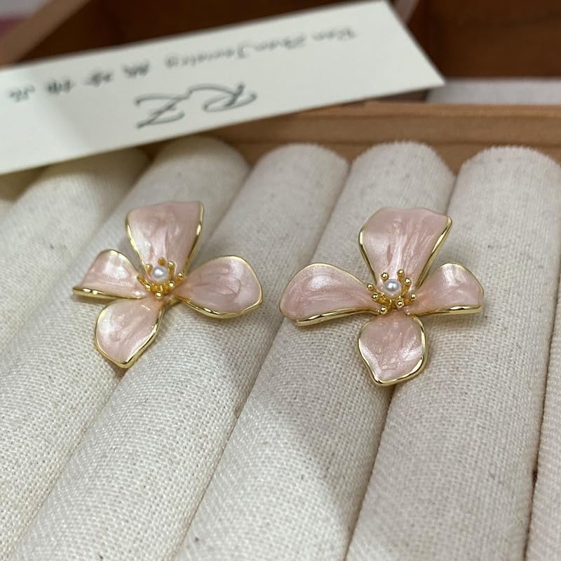 Cute Flower Earrings Pink Vintage Flower Drop Earrings Trendy Fashion Pearl Statement Earrings Chic Elegant Enamel Floral Stud Earrings for Women Mom Holiday Wedding Birthday Jewelry Gift - Image 4