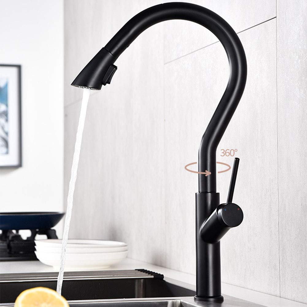 grifo del fregadero de la cocina, Grifo de cocina extraíble giratorio 360 ​​grados, latón, con una sola manija y modo chorro(Black)