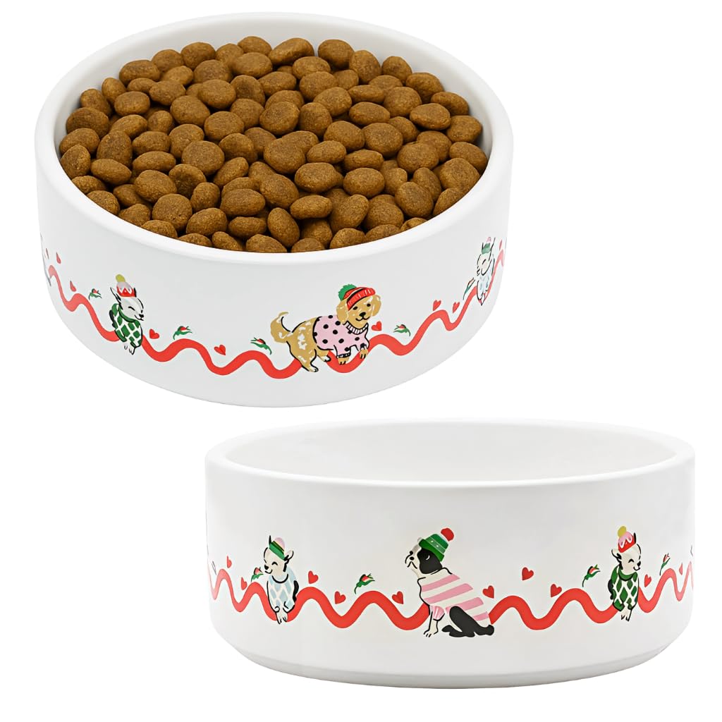 Cath Kidston Ceramic Dog Bowls 400ml (Set of 2), Dishwasher Safe Kitchenware-Style Food & Water Dish for Smaller Breeds & Puppies, Hearts & Roses Print, 13.5cm