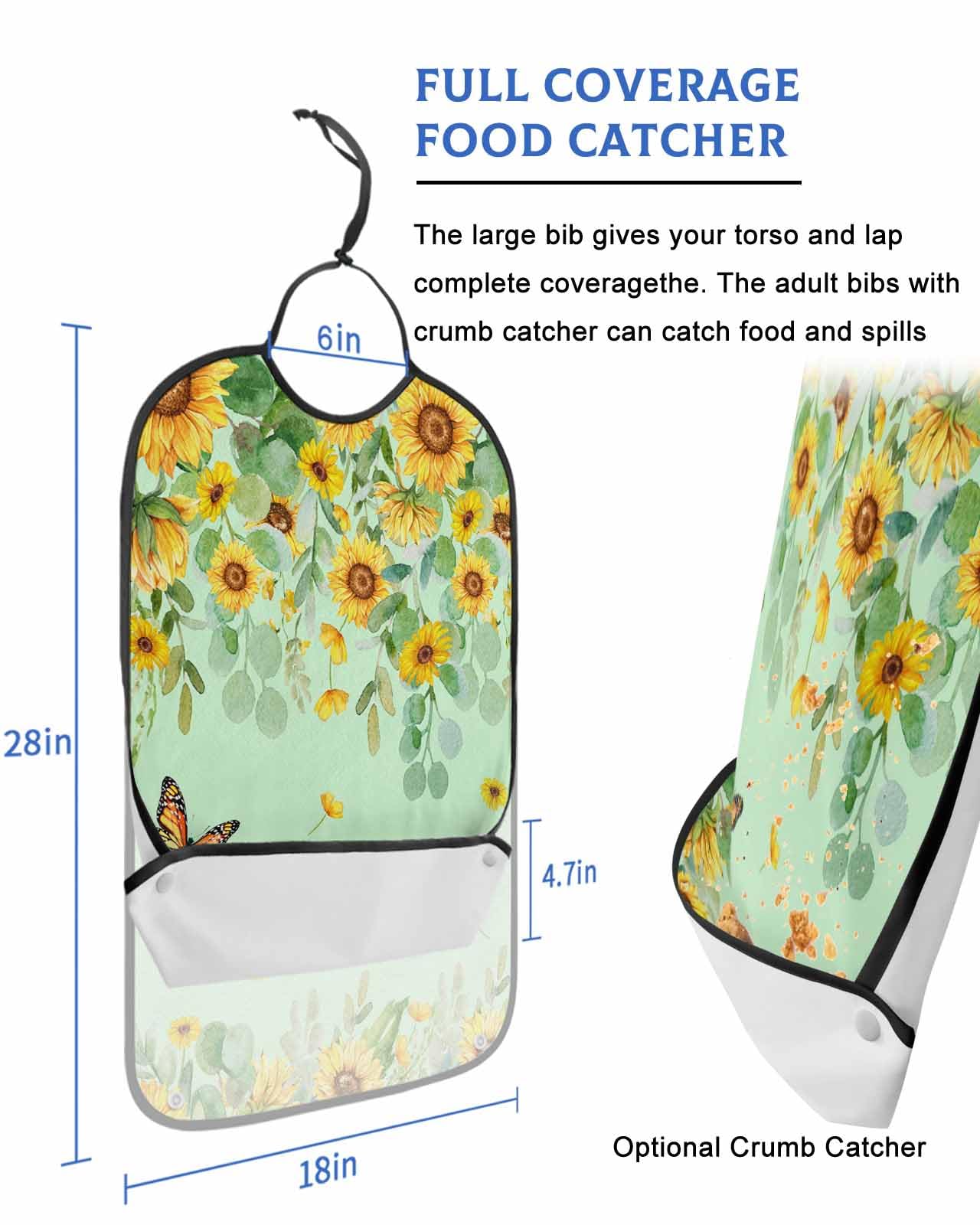 LEOKOTI Sunflower Adult Bibs for Eating, Waterproof Bibs with Food Catcher & Snap Closure, Butterfly Summer Botanical Eucalyptus Leaves Teal Washable Clothing Protectors Adult Bibs for Elderly