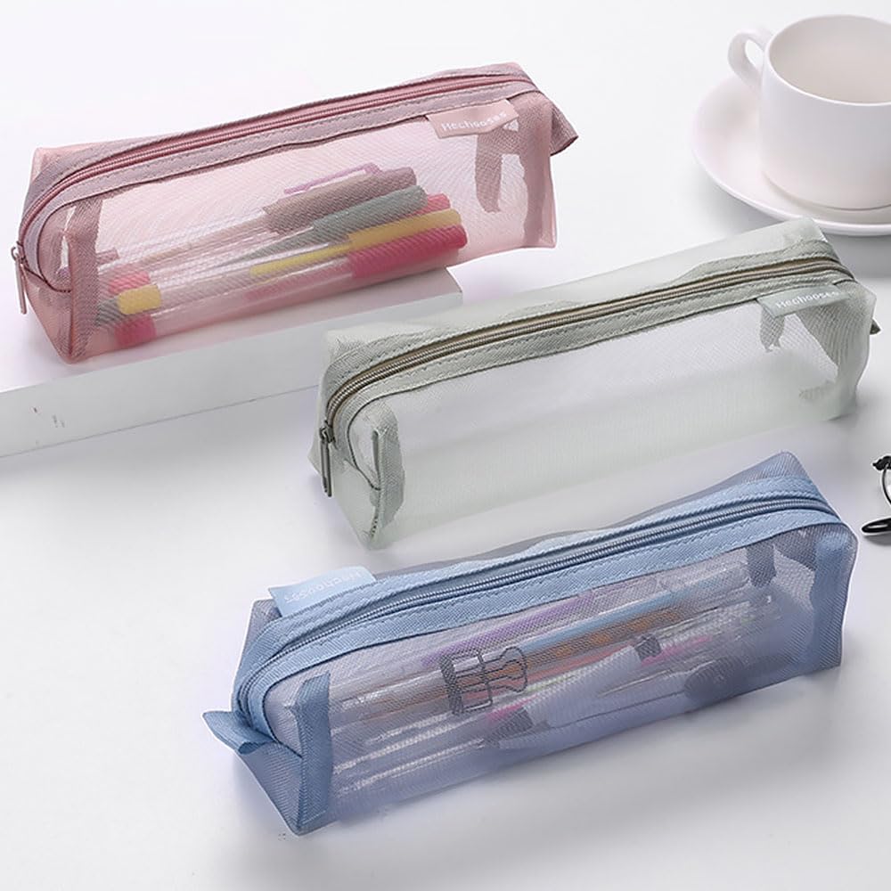 Finyoffiy 3pcs Portable Pencil Case,Zippered Mesh Storage Bag - Image 4