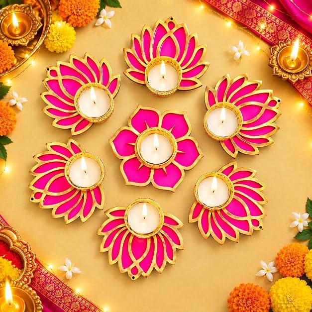 Handmade 7 Pc Smooth Scented Pink Lotus Flower Diya Rangoli Candles With Wax For Diwali Ganesh Chaturthi Laxmi Pooja Home Temple Rangoli Diya Floor Decoration
