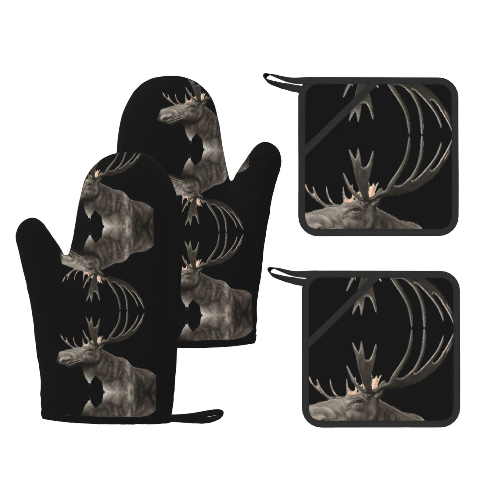 Moose Printed Oven Gloves and Hot Pads Set of 4, High Heat Resistant Silicone Mitts for Cooking BBQ