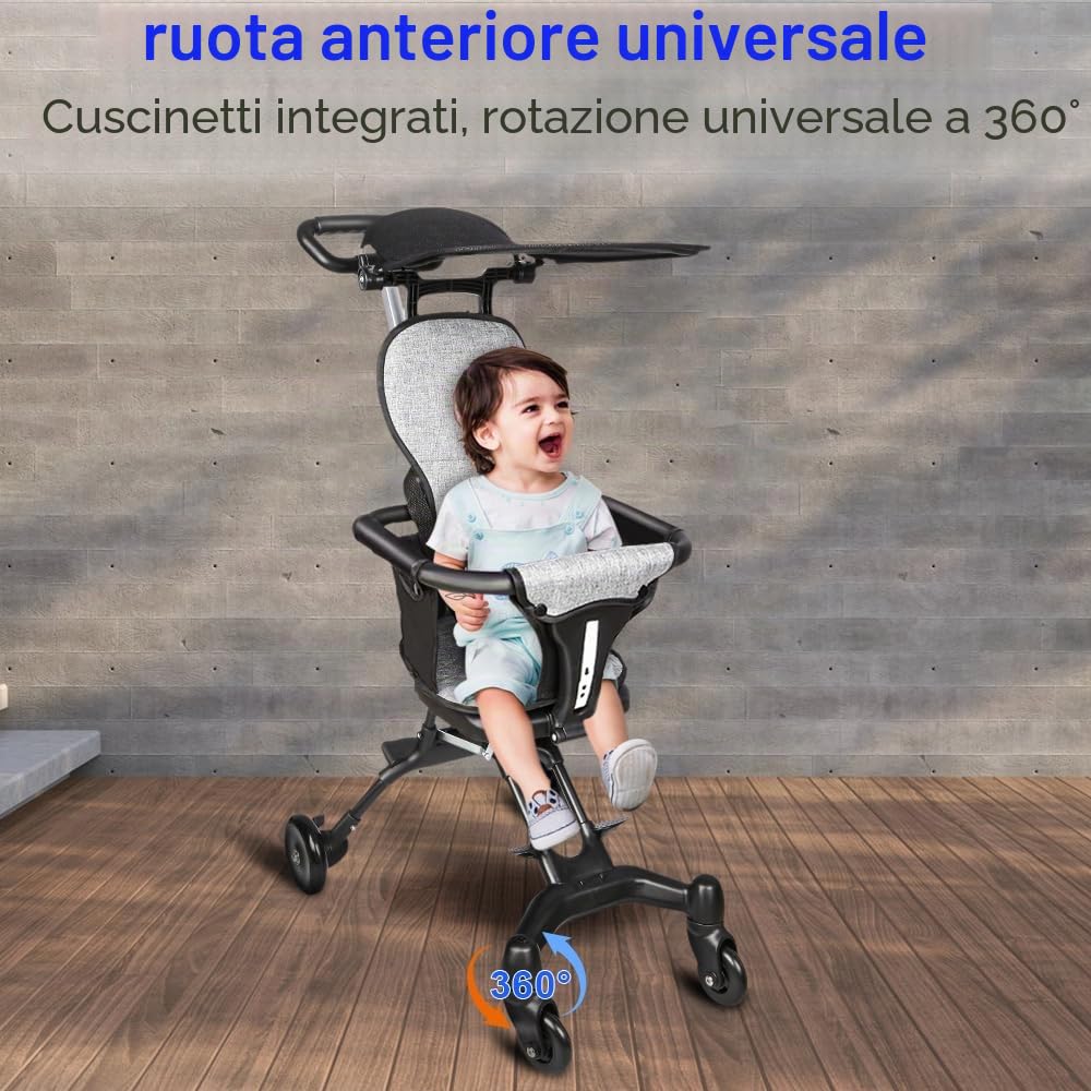 Homewell Passeggino leggero, passeggino portatile, pieghevole, adatto da 6 mesi a 4 anni, con parasole nero, può essere portato a bordo, nero+grigio (nero)