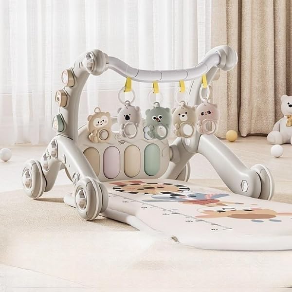5in1 ベビージム プレイジム ベビーウォーカー 赤ちゃん知育おもちゃ 音楽付き 新生児 0 歳から 室内遊具 キックプレイ 出産準備 出産祝い 誕生日プレゼント おしゃれ (グレー) - 1