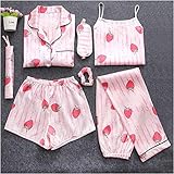 Damen Schlafanzug,7 Pcs Pyjama Sets Nachtwäsche Aus Seide Cute Pijama Satin Rosa Erdbeere Drucken Weiche Lockere Legere Pyjamas Homewear Kawaii Nacht Anzug Drucken Nachtwäsche, Bild, M