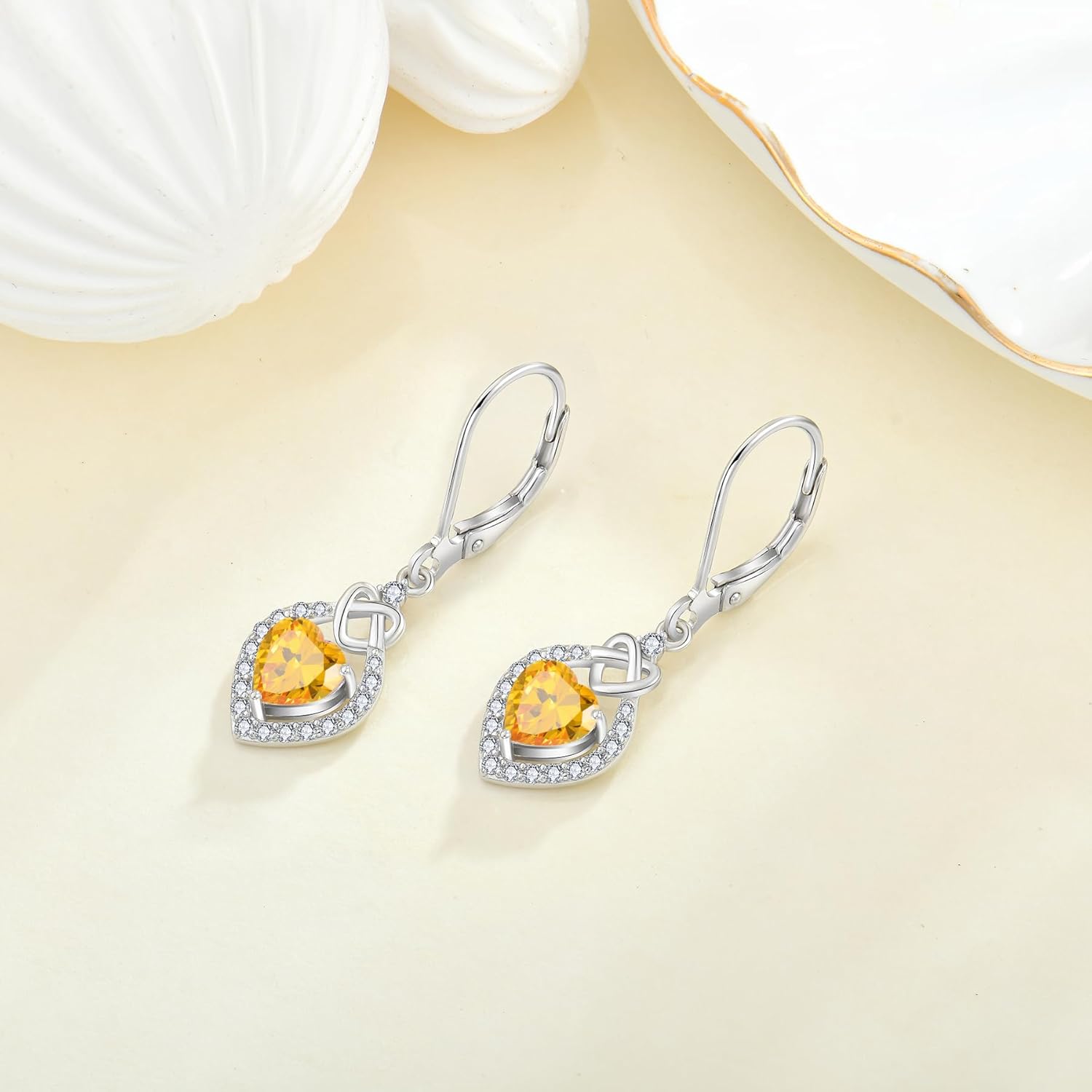 Love Heart Knot Earrings for Women 925 Sterling Silver Heart Birthstone Dangle Drop Leverback Earrings Celtic Jewelry for Her