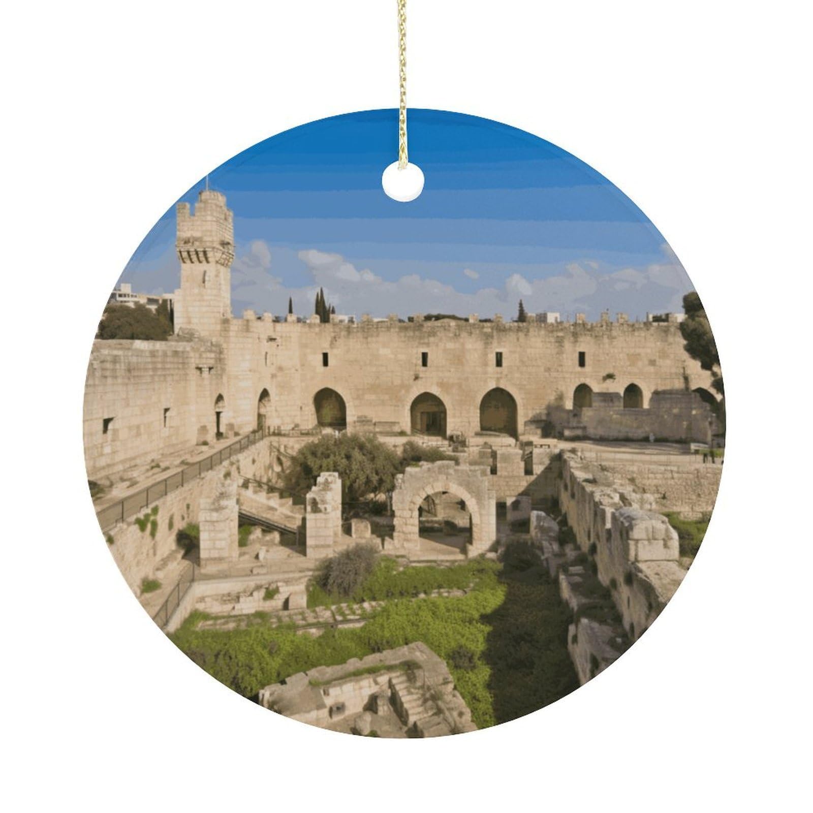Israel at The Tower of David Christmas Ornaments Colorful Round Ceramic Ornament Christmas Hanging Decor Christmas Tree Decorations Xmas Keepsake for Women Men Xmas Holiday Party