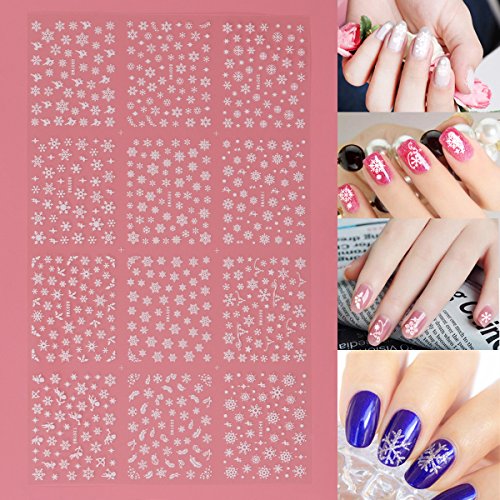 Frcolor 12 Blätter 3D Nail Sticker, Weihnachten Schneeflocke Nail art Aufkleber Nail art Scheiben Glitters DIY Dekorationen Cover