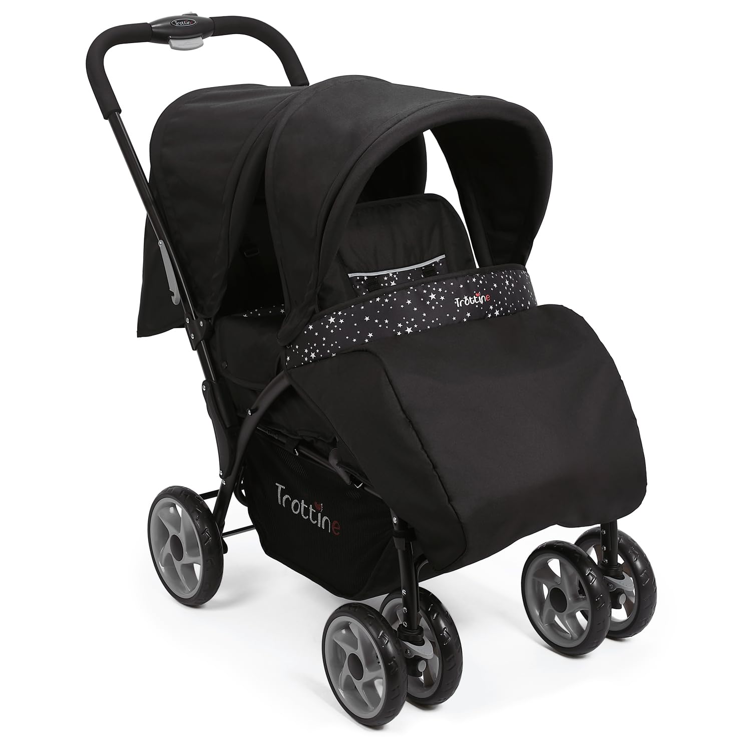 TWINBI Poussette Double Pour Jumeaux, Enfants Rapprochés, Maniable et Facilement Pliable, 2 Dossiers Inclinables Dont 1 à Plat, 2 Tabliers, Grand Panier, Habillage Pluie Intégral – NoirEtoile
